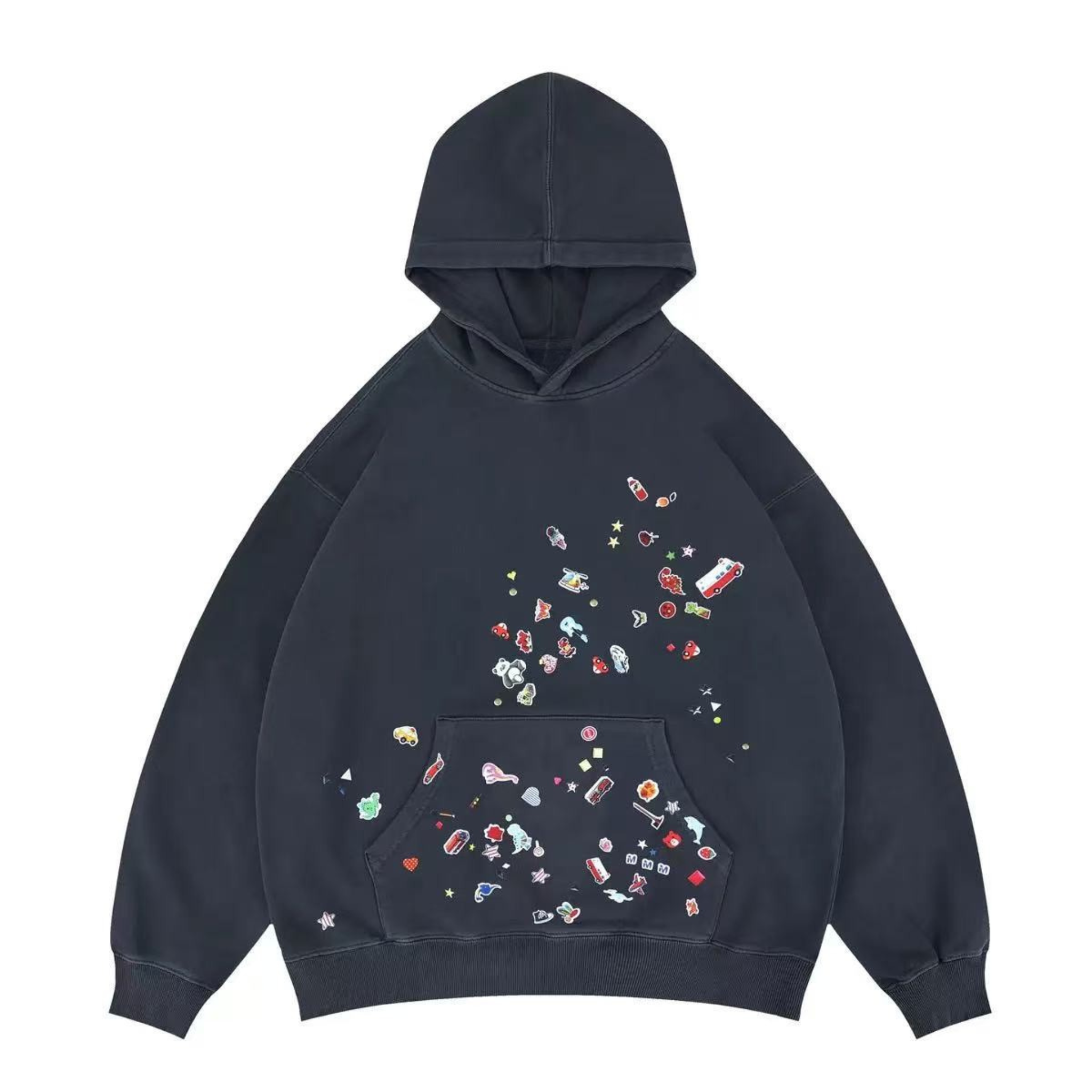 Oversized Vintage Washed Hoodie with Scattered Sticker Print