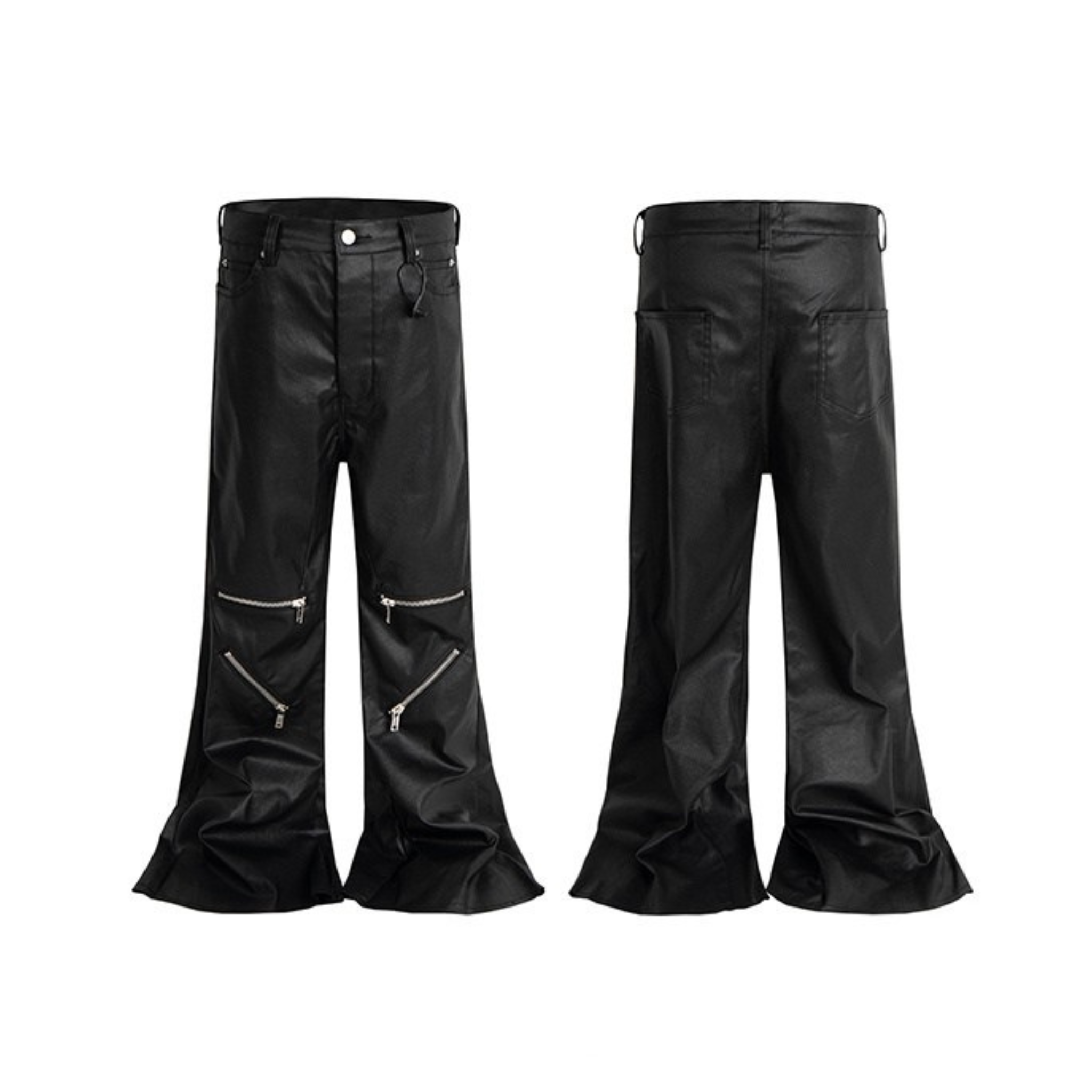 Front and back view of black leather-effect flare pants with silver double zipper detailing on the lower leg