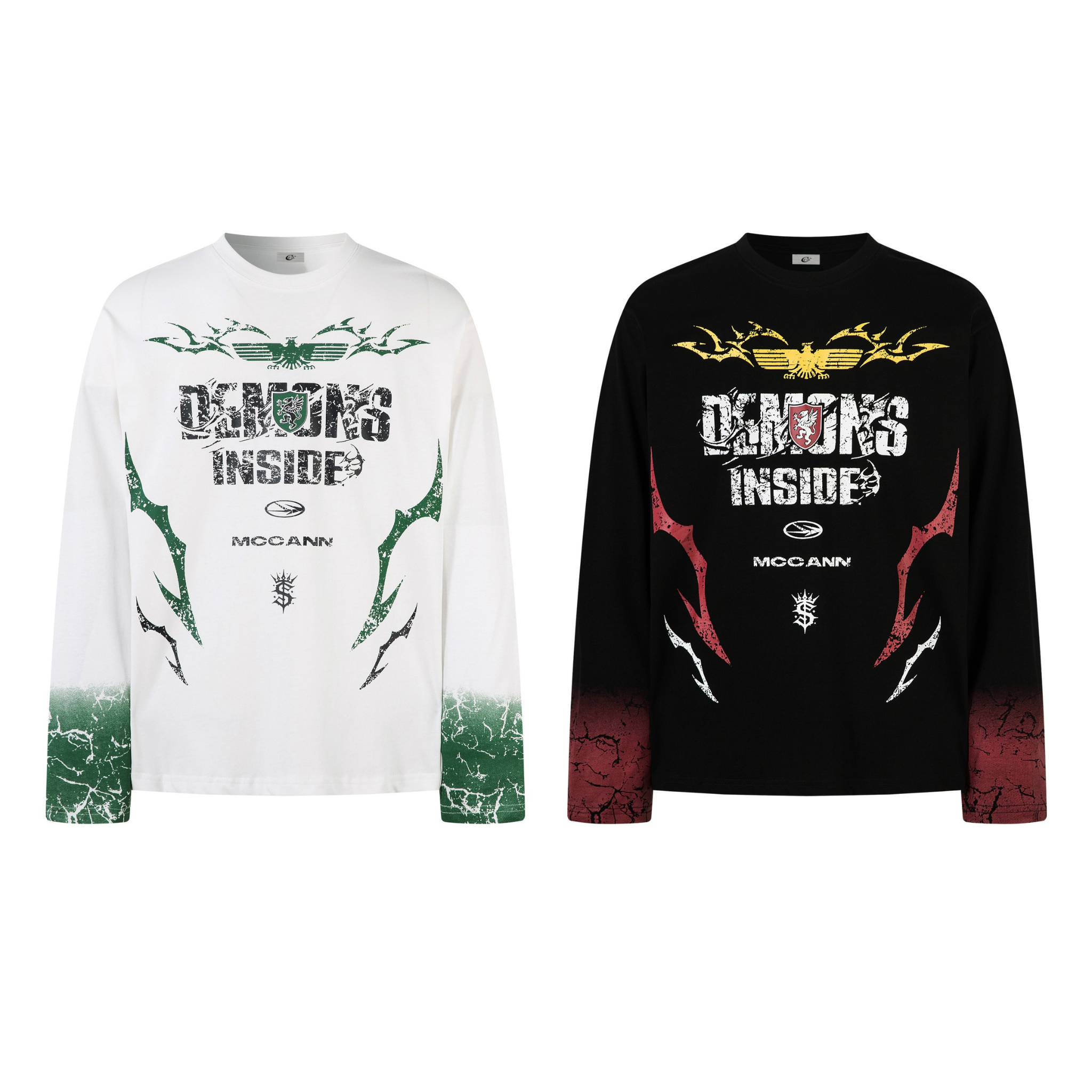 White long sleeve tee with Demons Inside distressed chest graphic, green tribal flame print, and cracked gradient sleeves