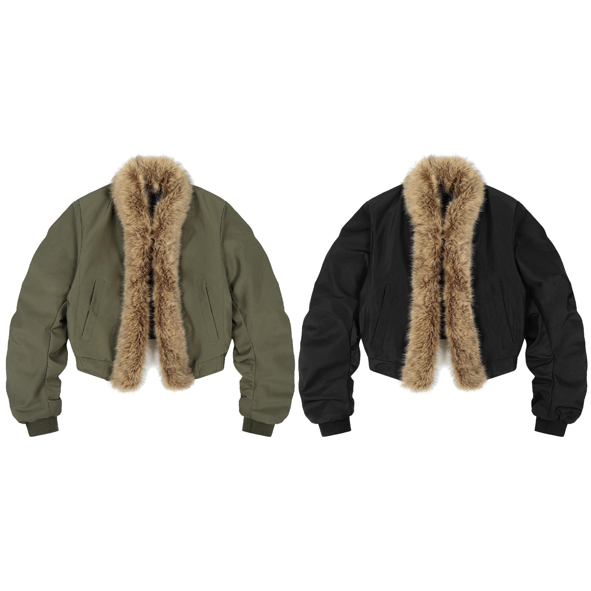Olive green and black cropped bomber jackets with detachable tan faux fur scarf panel, shown side by side on white background