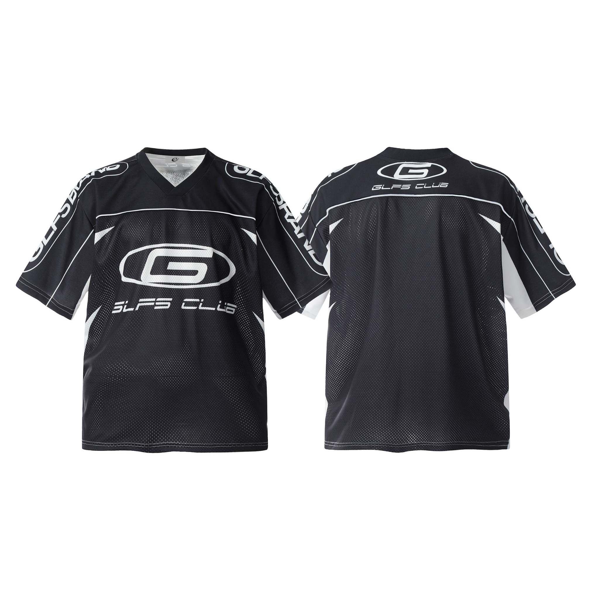 Black oversized GLFS Club mesh jersey showing front and back with white logo graphics and contrast panel inserts