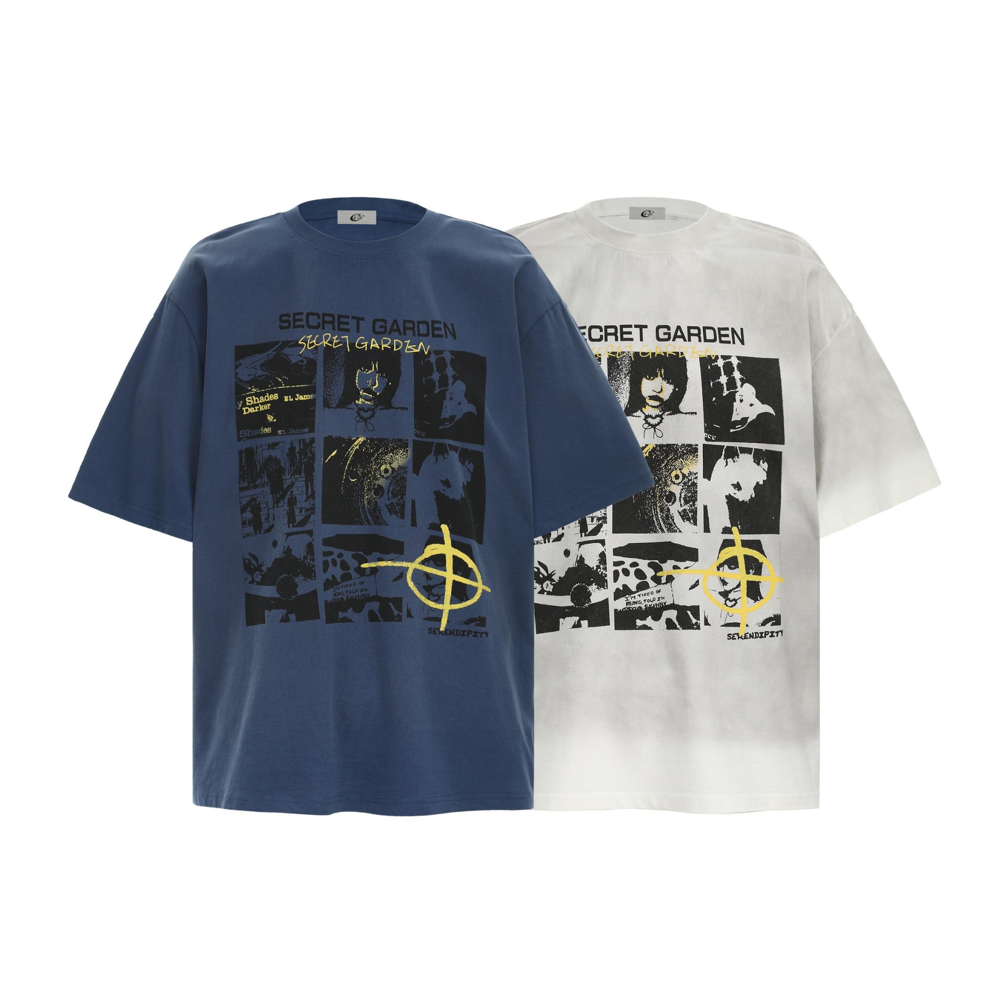 Secret Garden oversized graphic tee in navy blue and off-white with manga-style collage print and yellow crosshair accent