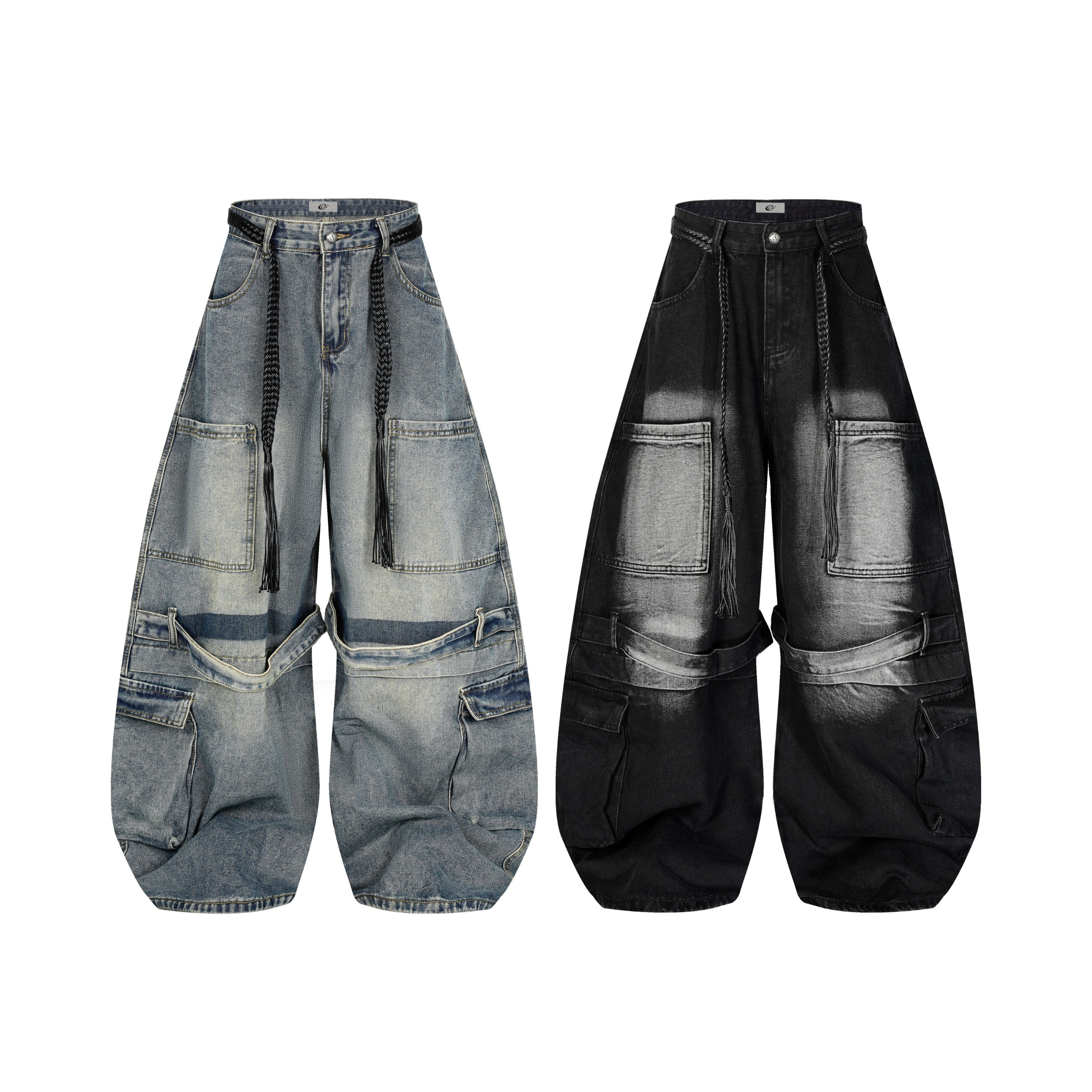 Omirad wide-leg cargo arc jeans in vintage blue wash with braided drawstrings and layered utility pockets