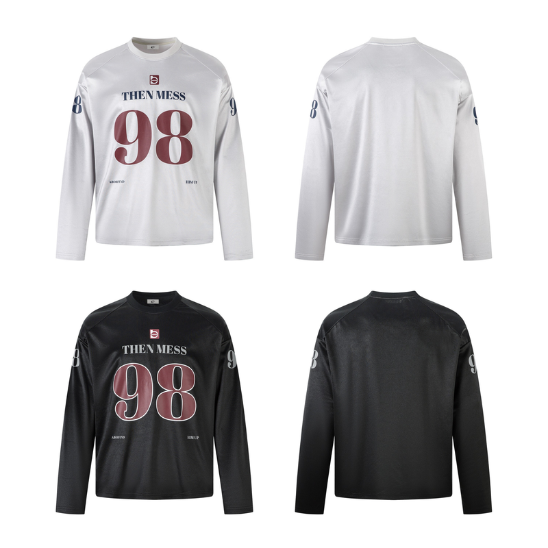Front and back views of white long sleeve jersey tee with 98 print