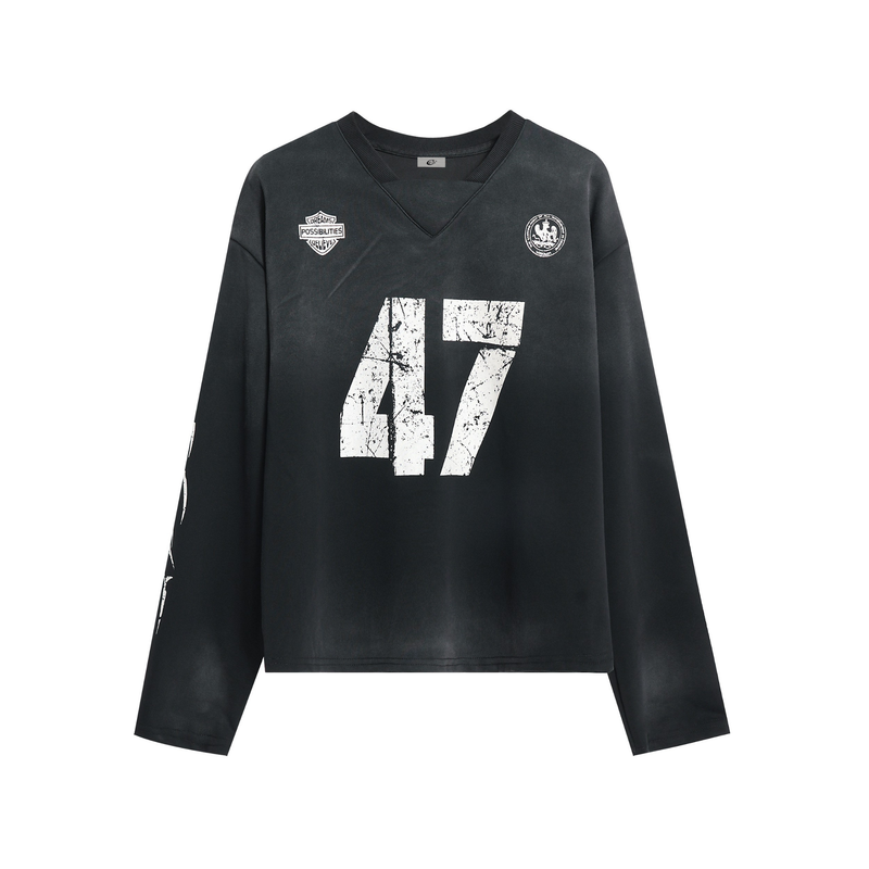 Black long sleeve jersey with V-neck, distressed 47 front print, chest patches