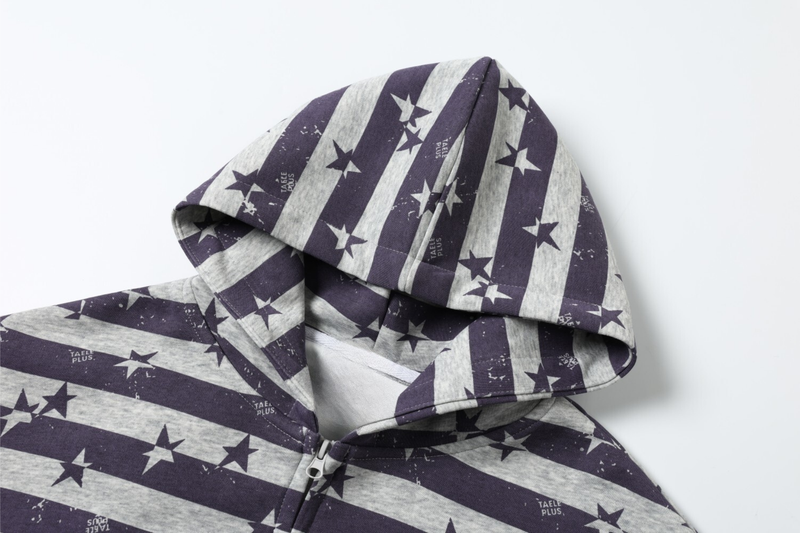 Close-up of the hood on a purple and gray star print zip-up hoodie