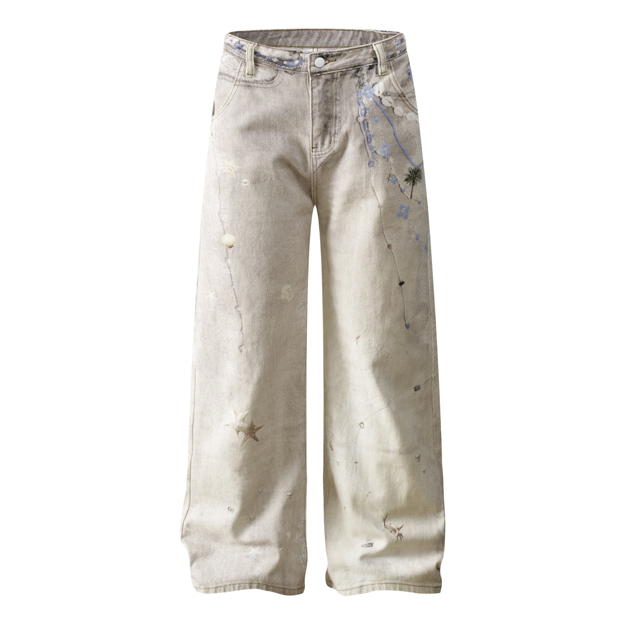 Washed Botanical Print Wide-Leg Jeans | Omirad