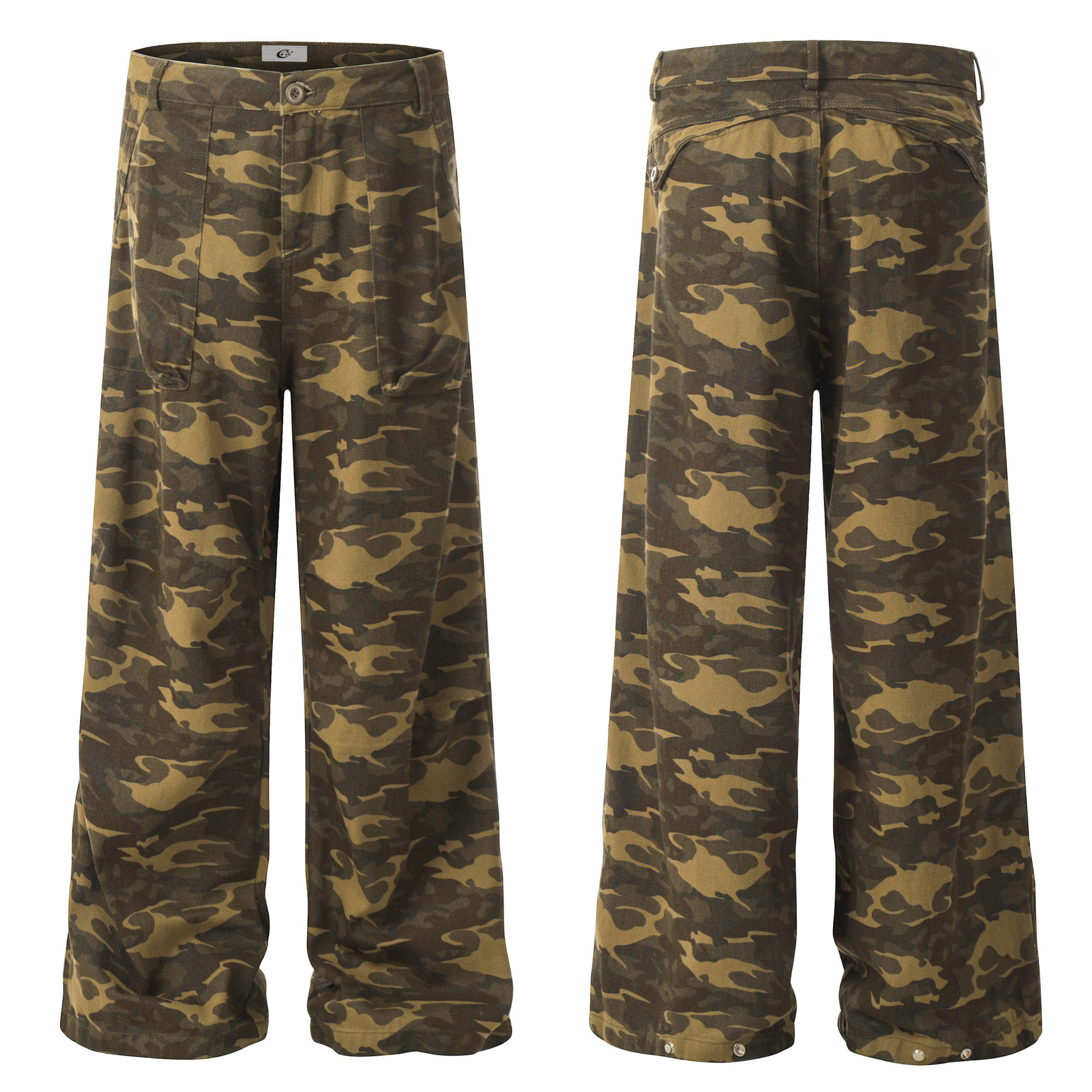 Front and back view of Omirad washed camo wide-leg pants in olive and brown camouflage print