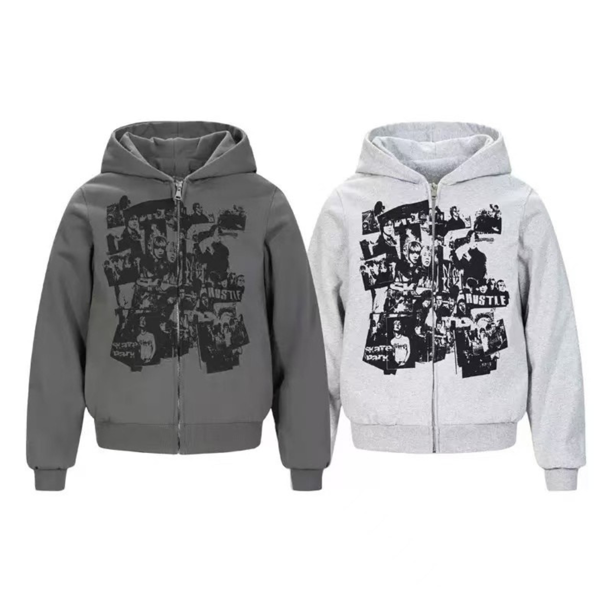 Charcoal grey and heather grey zip-up hoodies with black retro collage graphic print on the chest, front view
