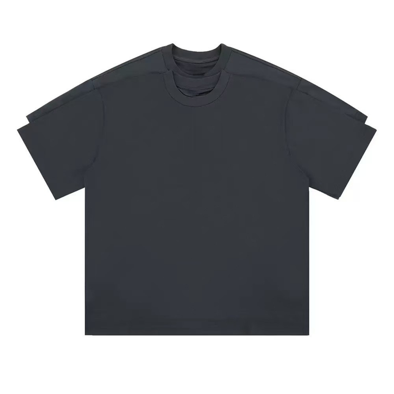 Dark charcoal oversized T-shirt with layered double-collar optical illusion and relaxed short sleeves