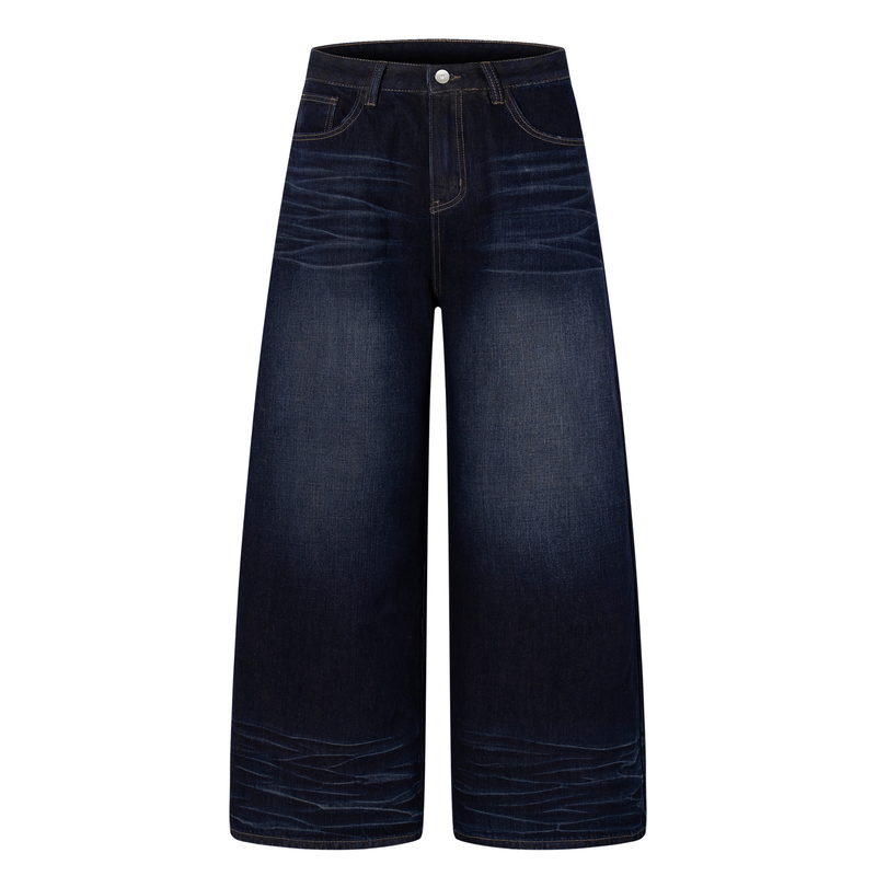 Deep indigo wide-leg jeans with front view, straight waistband, and faded whiskering on the thighs