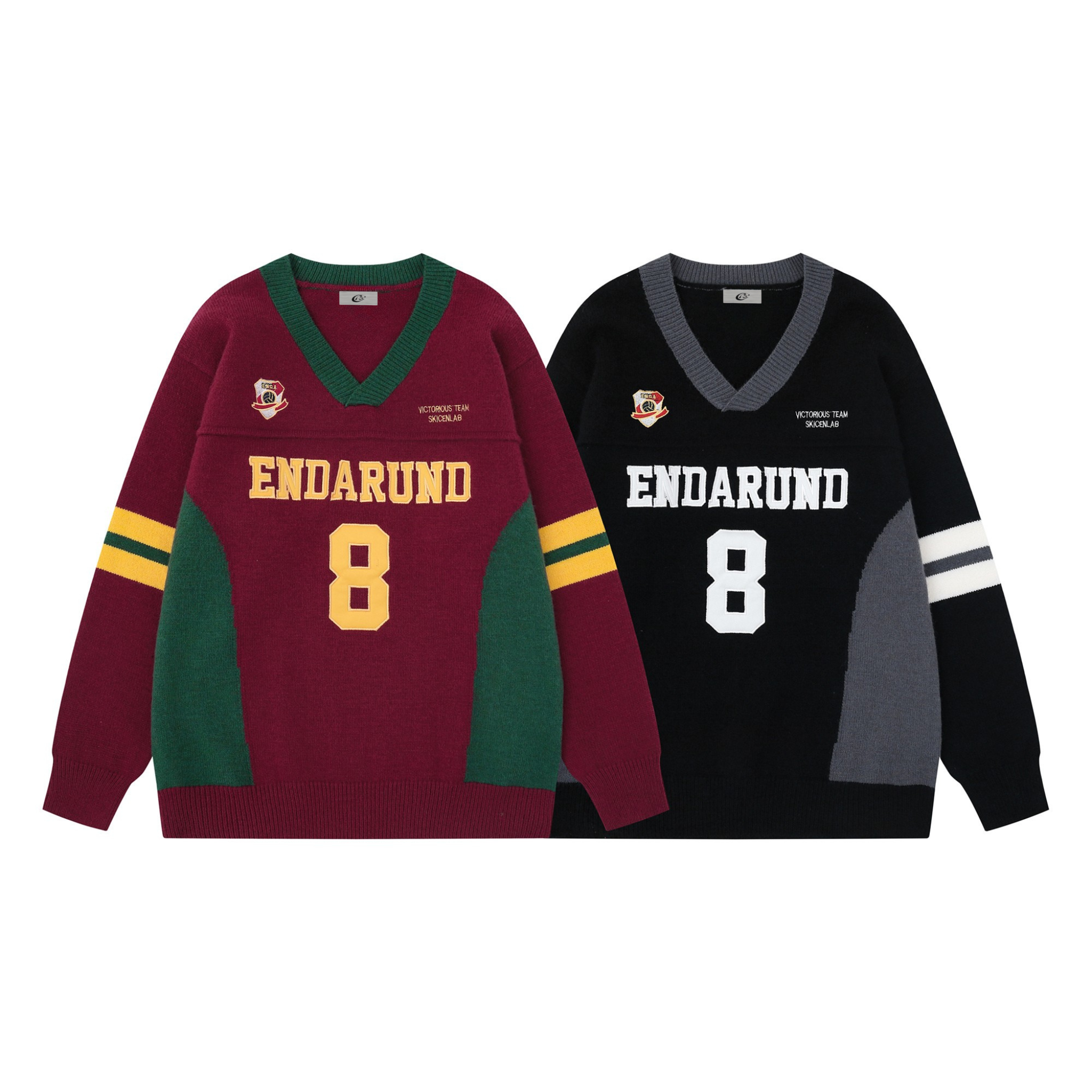 Burgundy and black Endarund Number 8 varsity knit sweaters with contrast color blocking and embroidered patch details