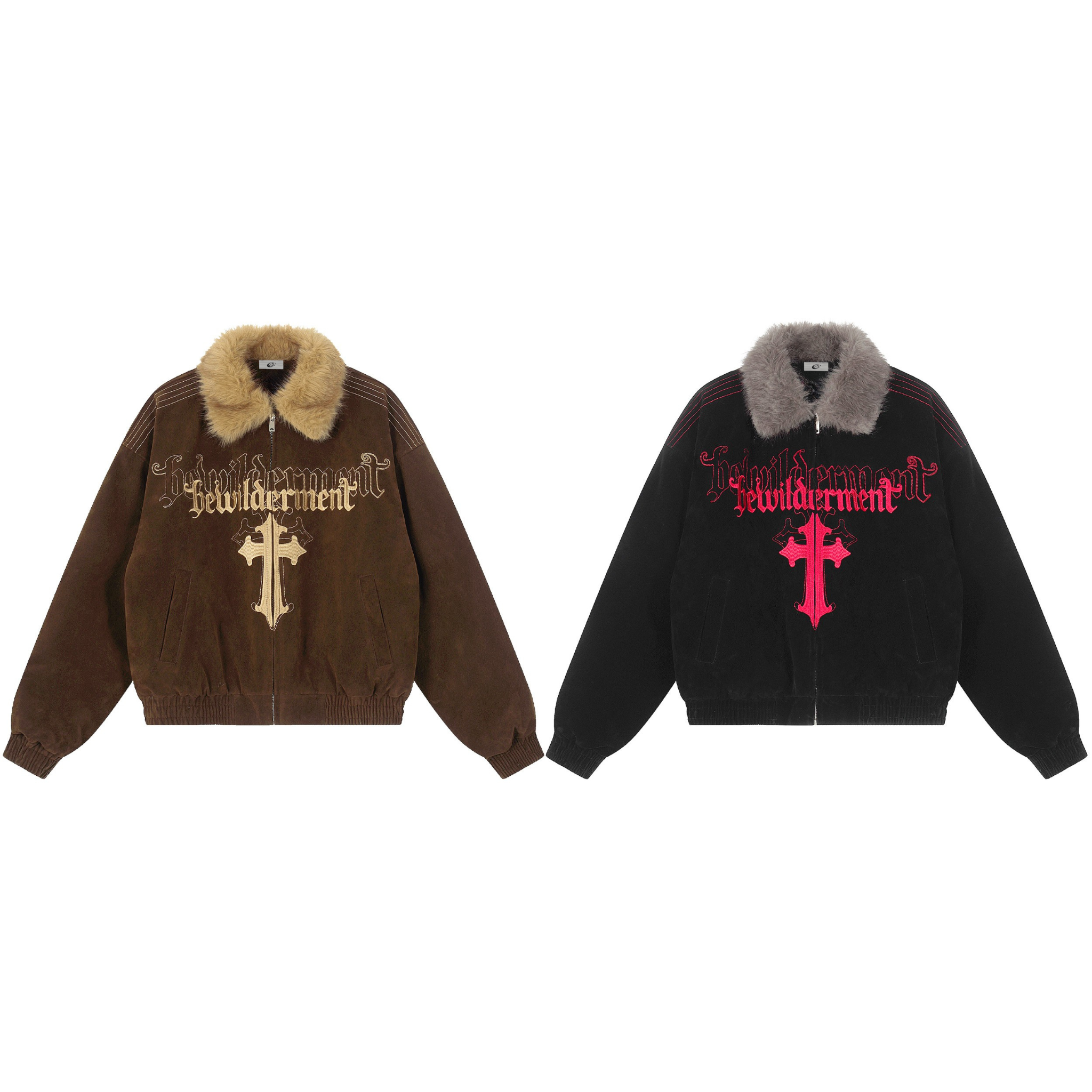Brown suede-texture bomber jacket with tan faux fur collar and gothic cross chest embroidery, front view