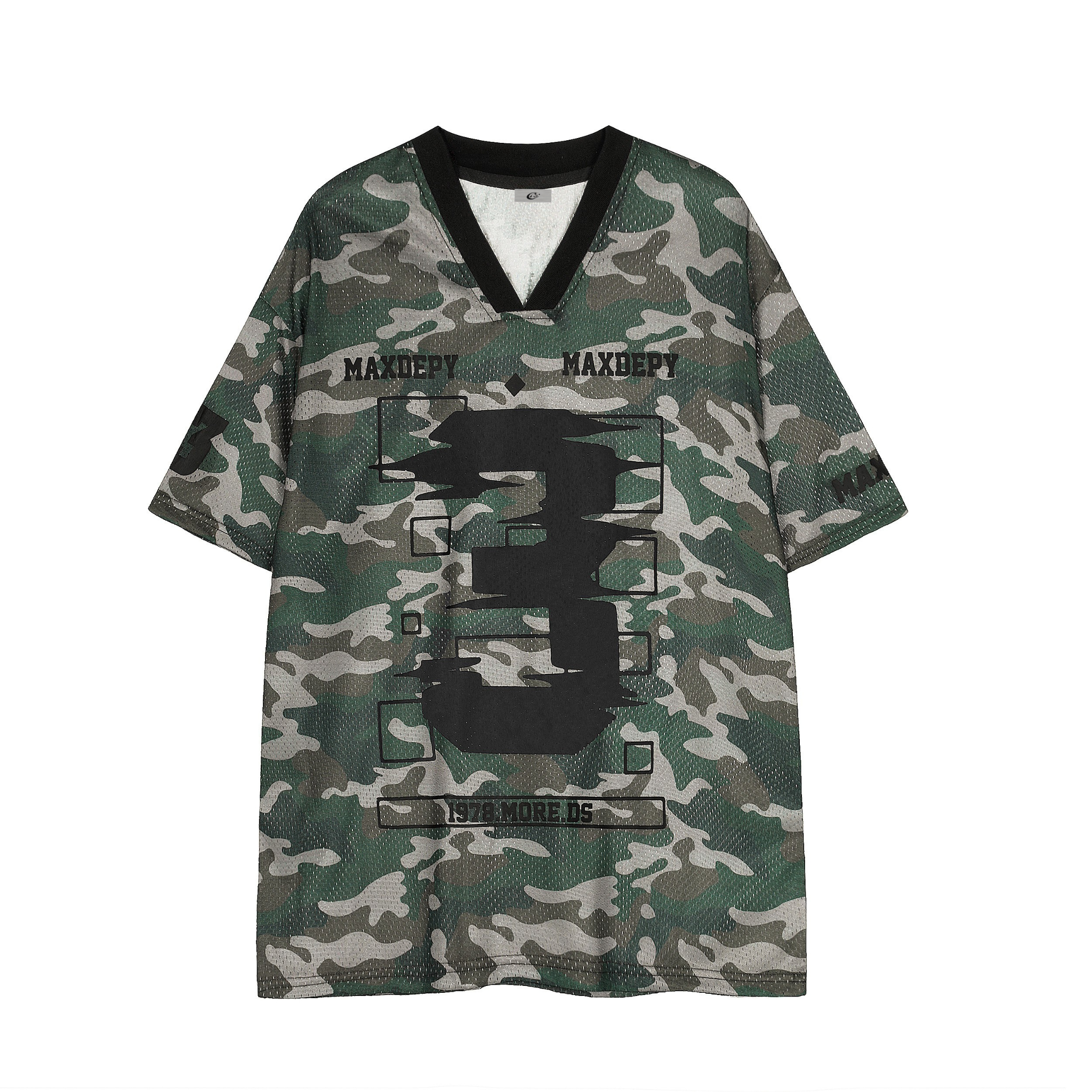 Front view of an oversized green camo mesh jersey tee with large number 3 graphic and MAXDEPY lettering on chest