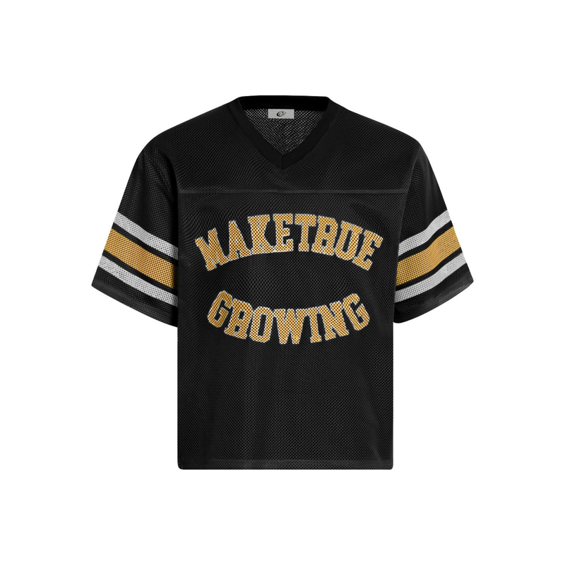 Black mesh varsity jersey with yellow Maketrue Growing lettering and striped sleeves