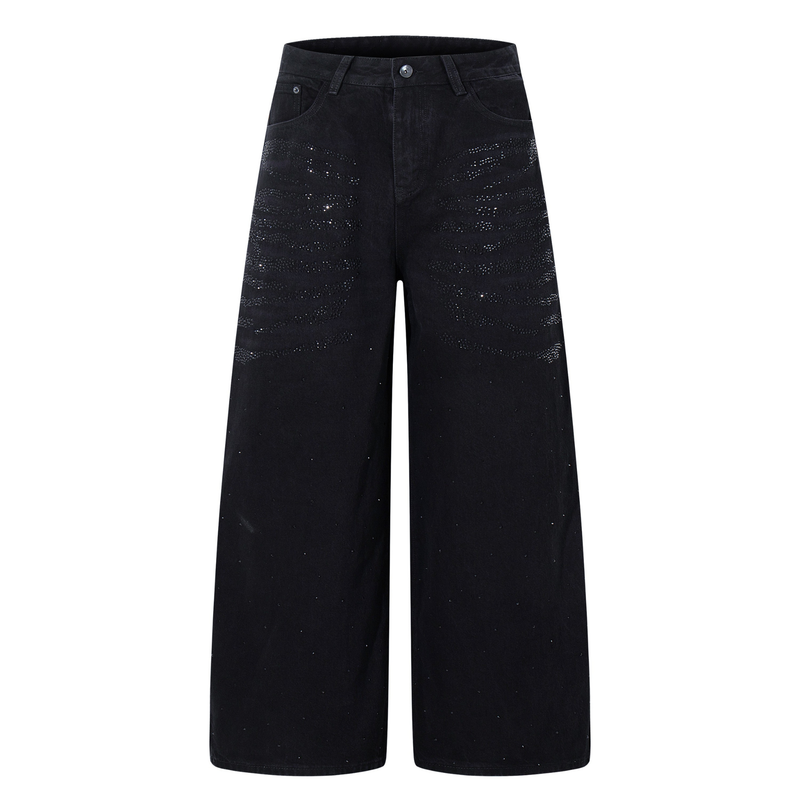 Front view of black wide-leg denim jeans with rhinestone swirl details and five-pocket styling