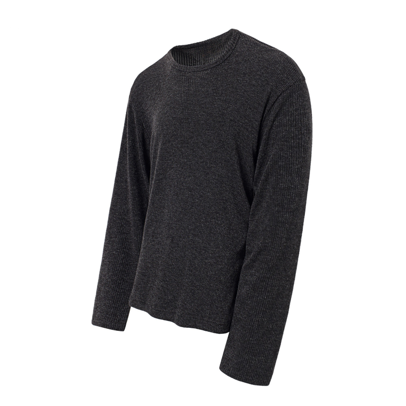 Black ribbed long-sleeve tee shown at a slight angled front view
