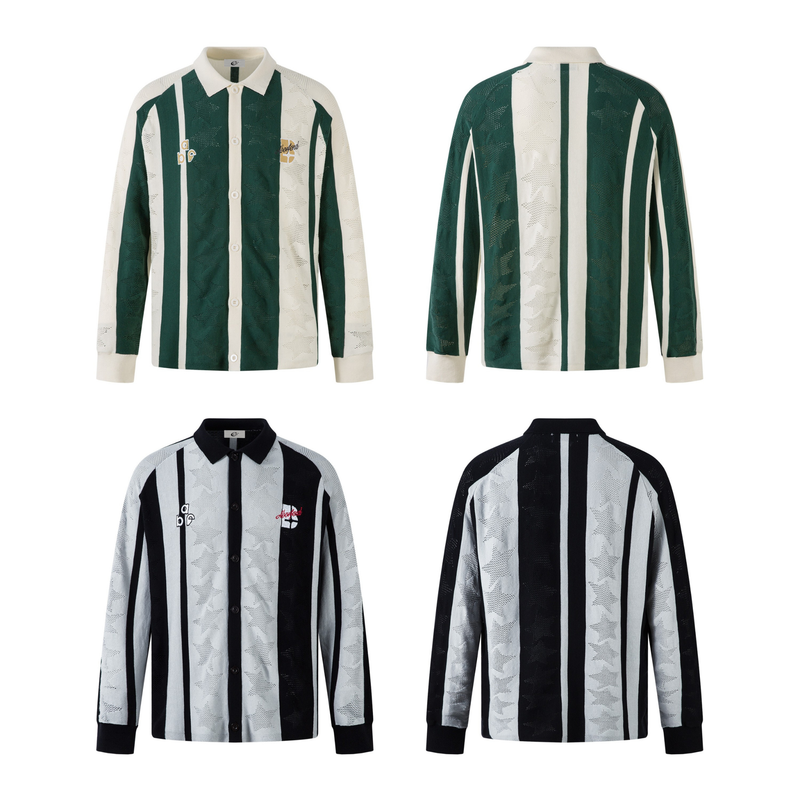 Front and back views of a striped knit polo shirt in green cream and black gray colorways