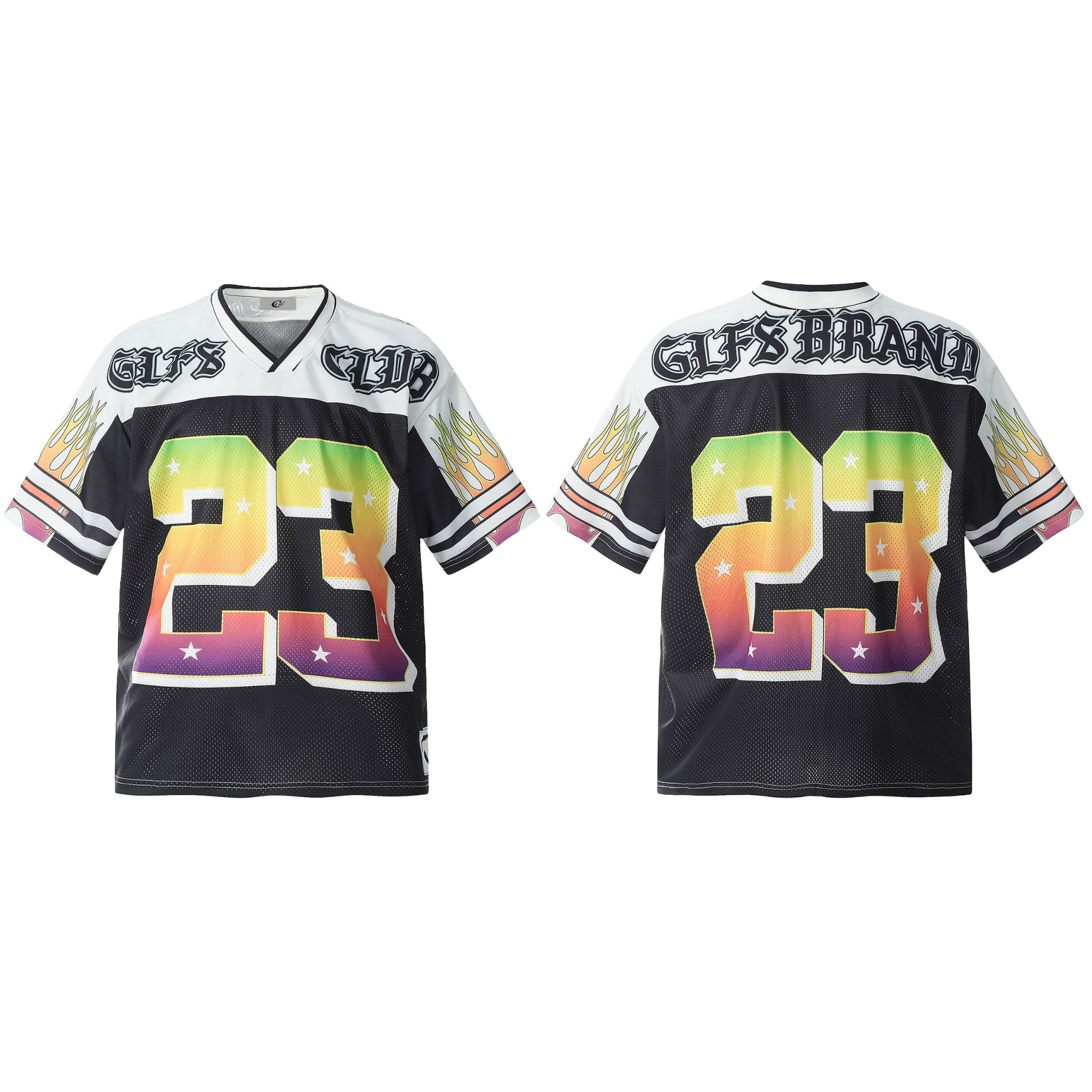Front and back view of GLFS Club black football jersey with rainbow gradient number 23 and flame sleeve graphics