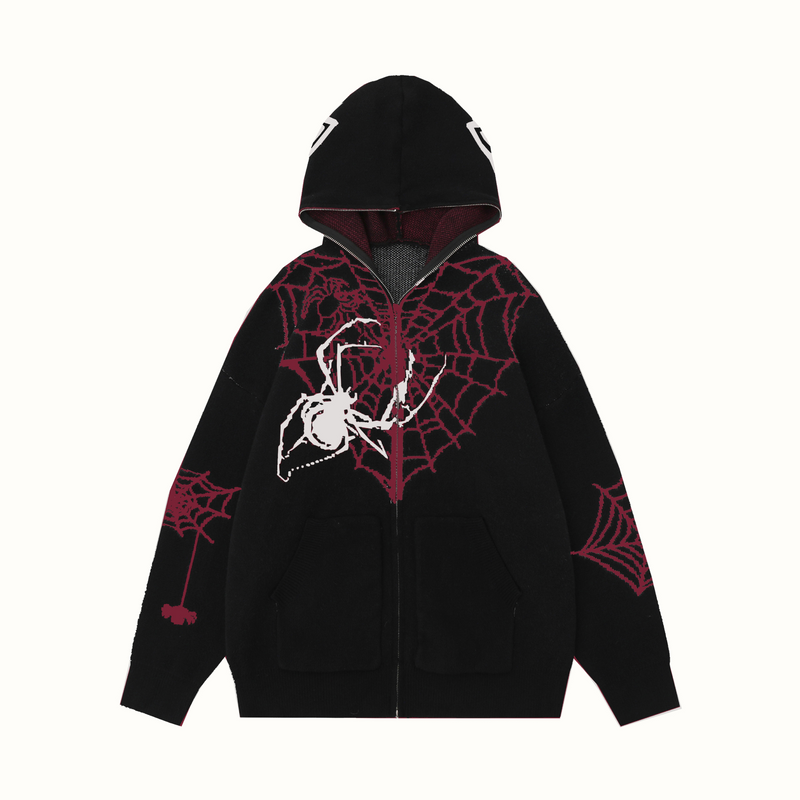 Black oversized zip hoodie with red spiderweb knit pattern and white spider graphic, front view