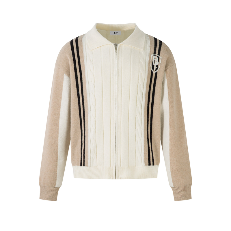 Cream cable-knit zip jacket with beige sleeves, black varsity stripes, front view