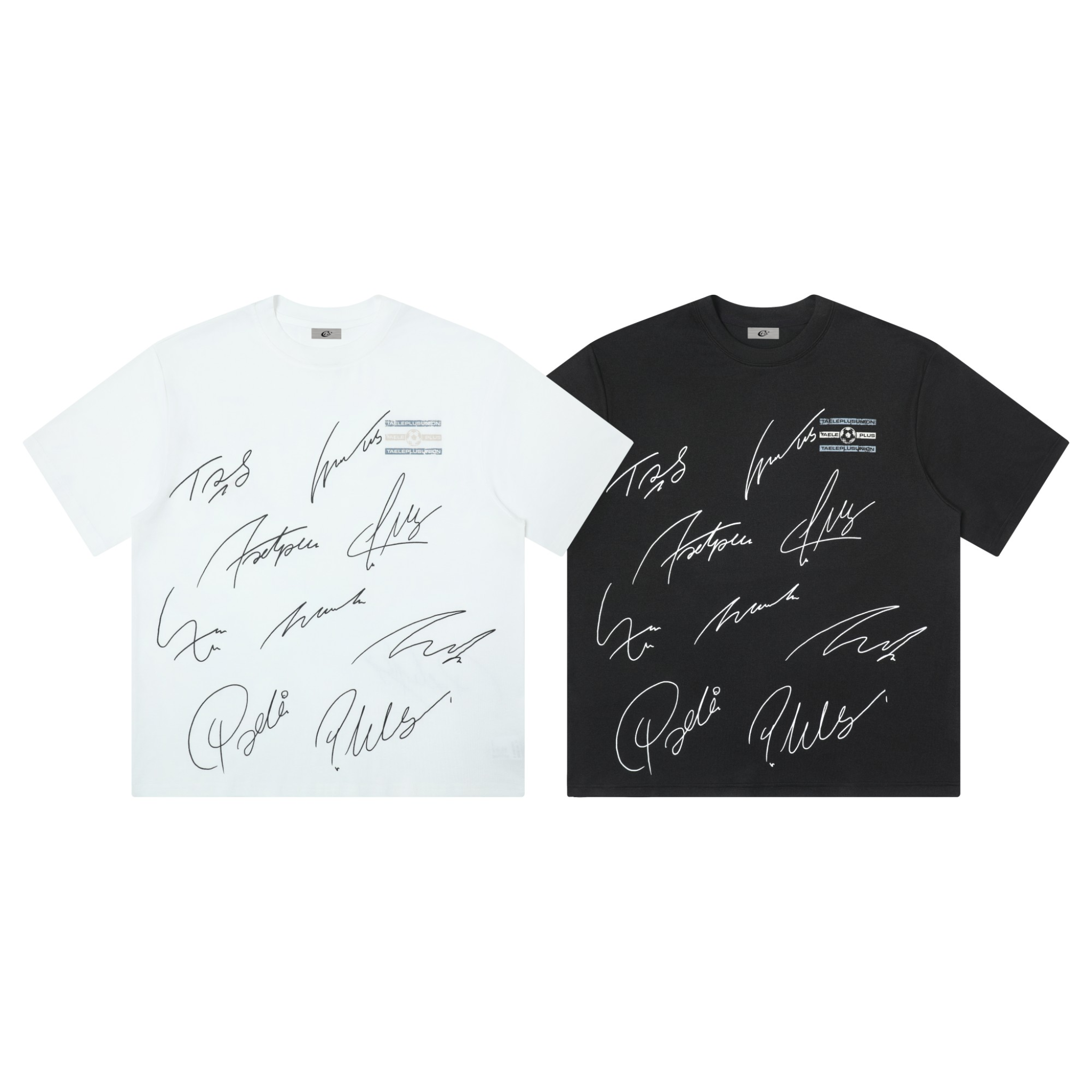 Omirad Signature Print Graphic Tee in white and black with all-over handwritten autograph design, flat lay product shot