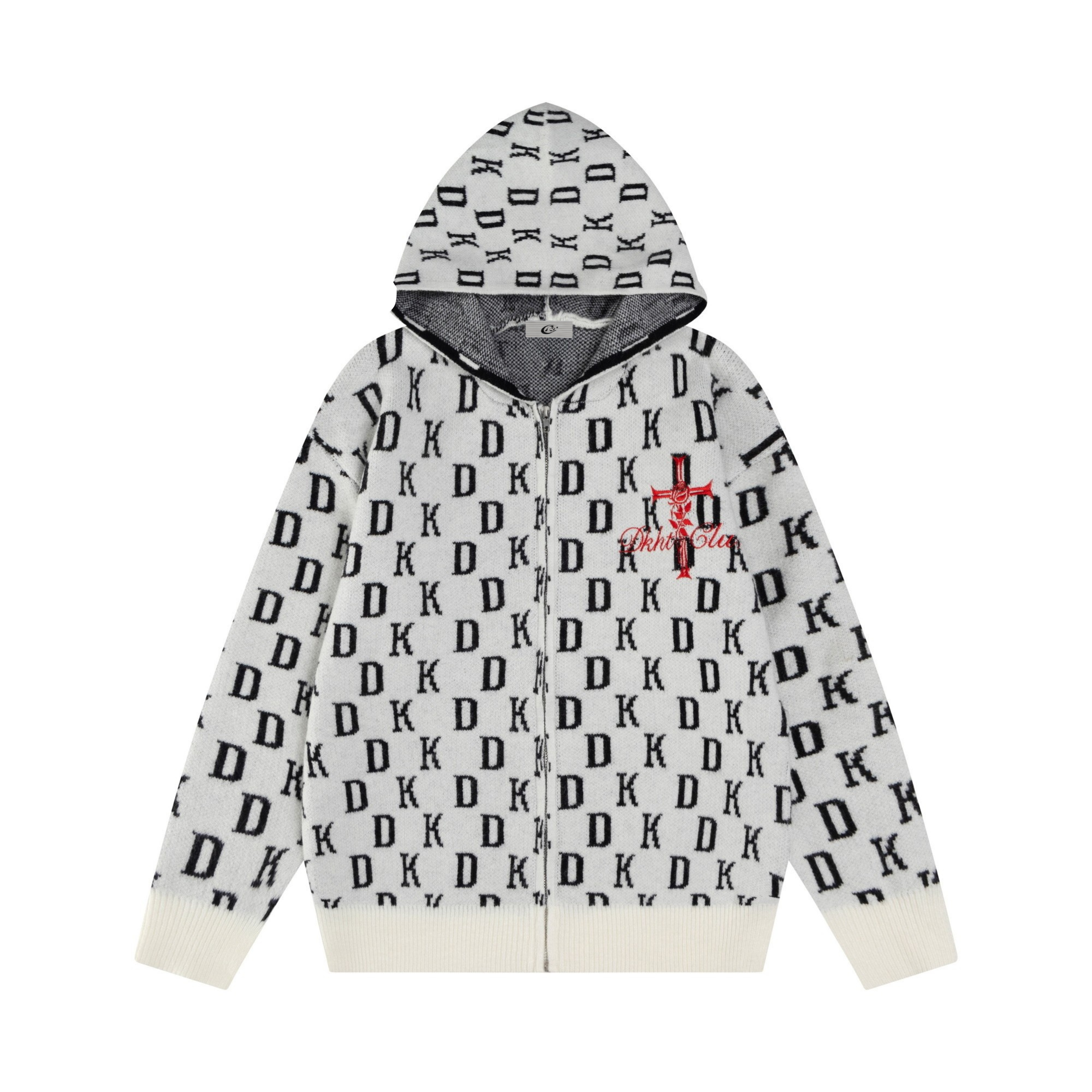 DK Allover Monogram Knit Zip Hoodie | Gothic Cross Embroidery