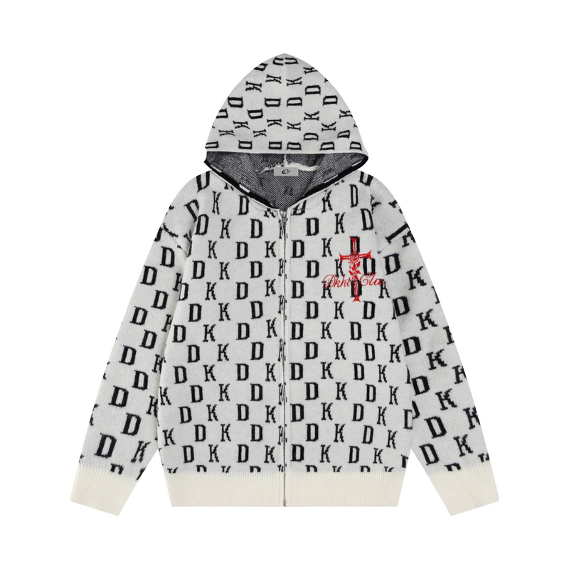 Front view of white knit zip hoodie with black monogram pattern and red Gothic cross embroidery
