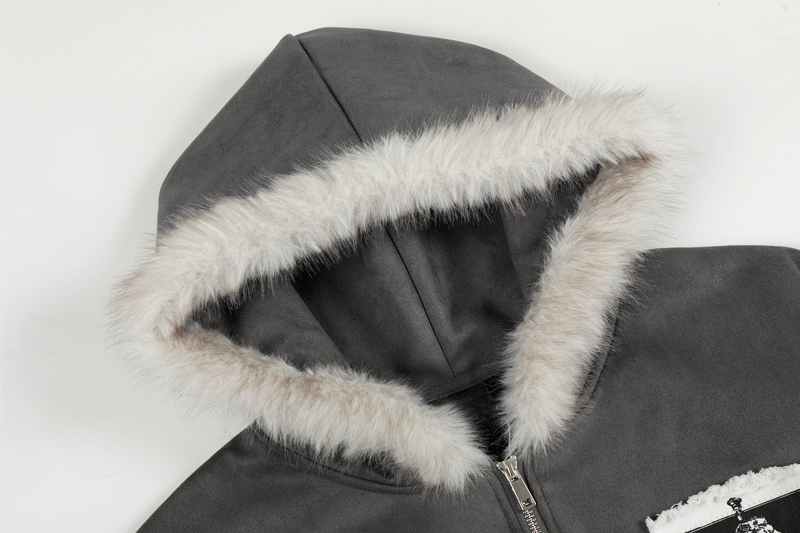 Omirad Graphic Patch Faux-Fur Hooded Zip Jacket