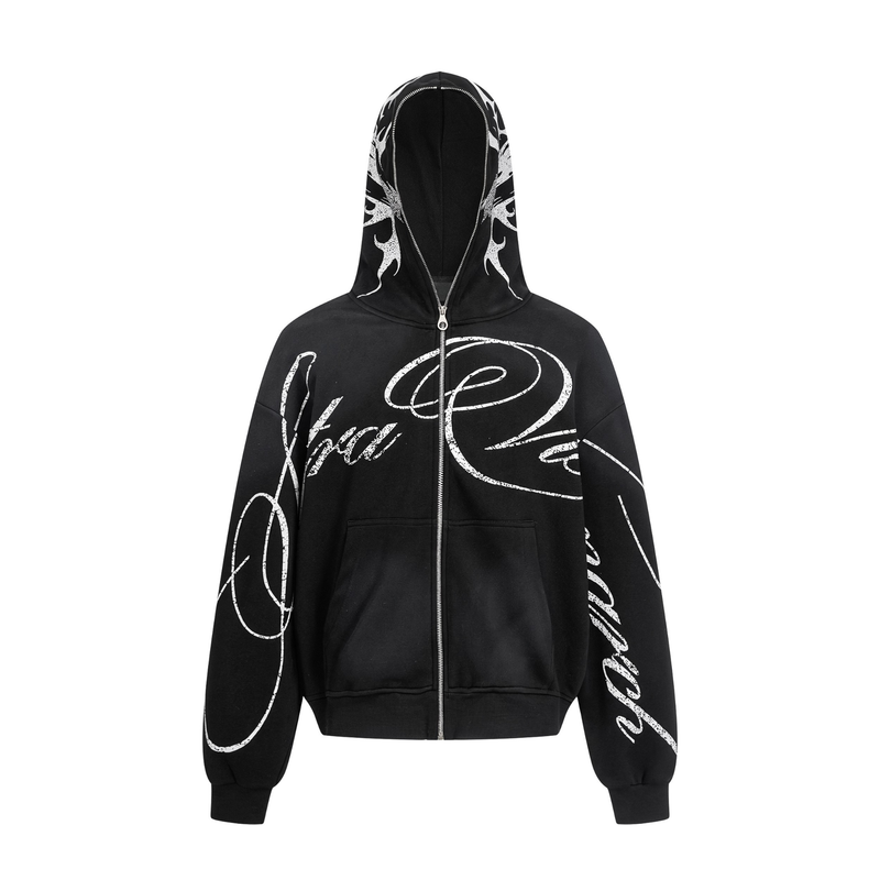Black oversized zip hoodie with white script print, front view with hood up