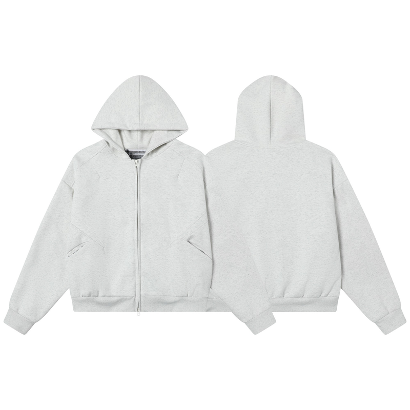 Light gray zip-up hoodie front and back views showing structured panel seams