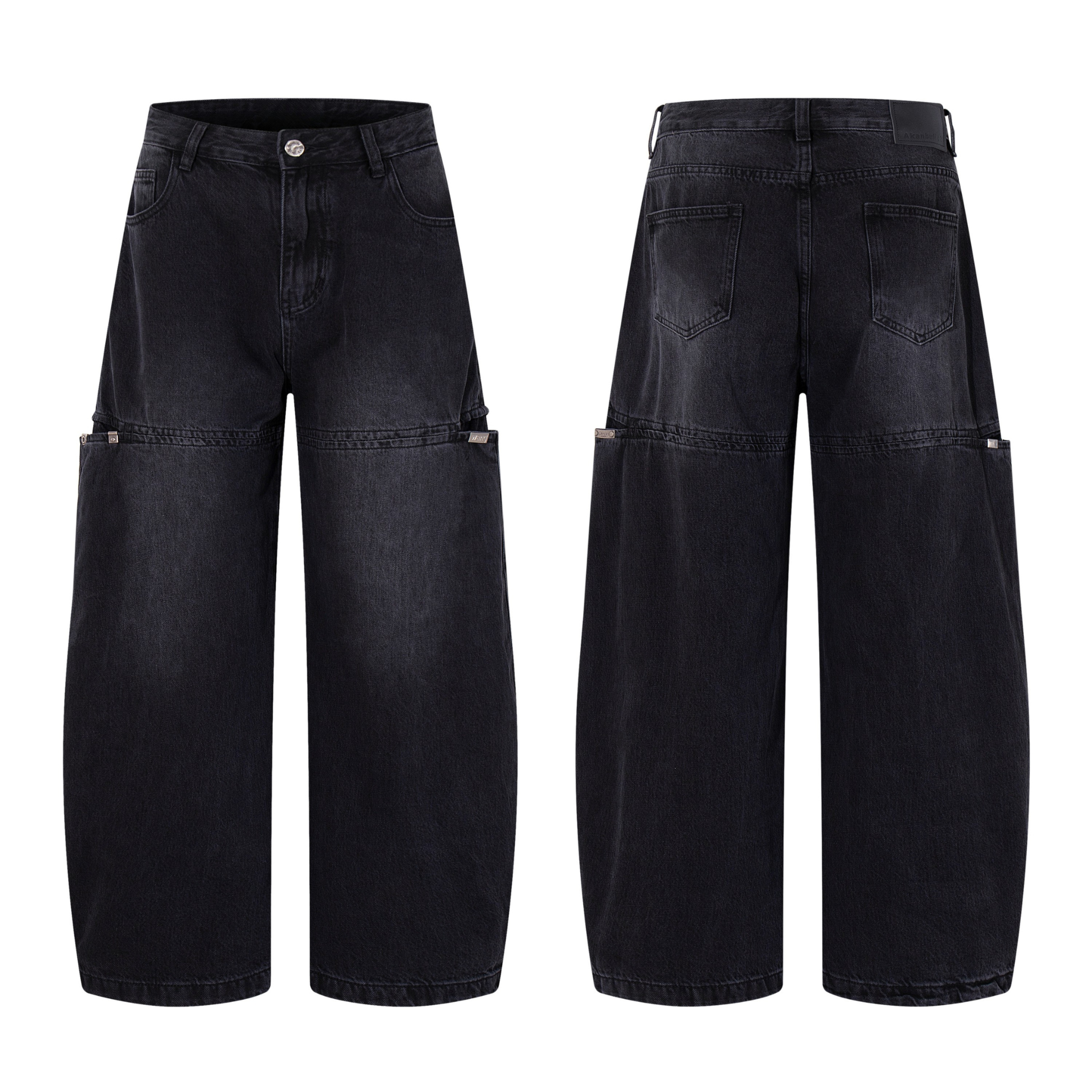 Front and back view of black dark-wash wide-leg jeans with split-panel seam and metal buckle accents