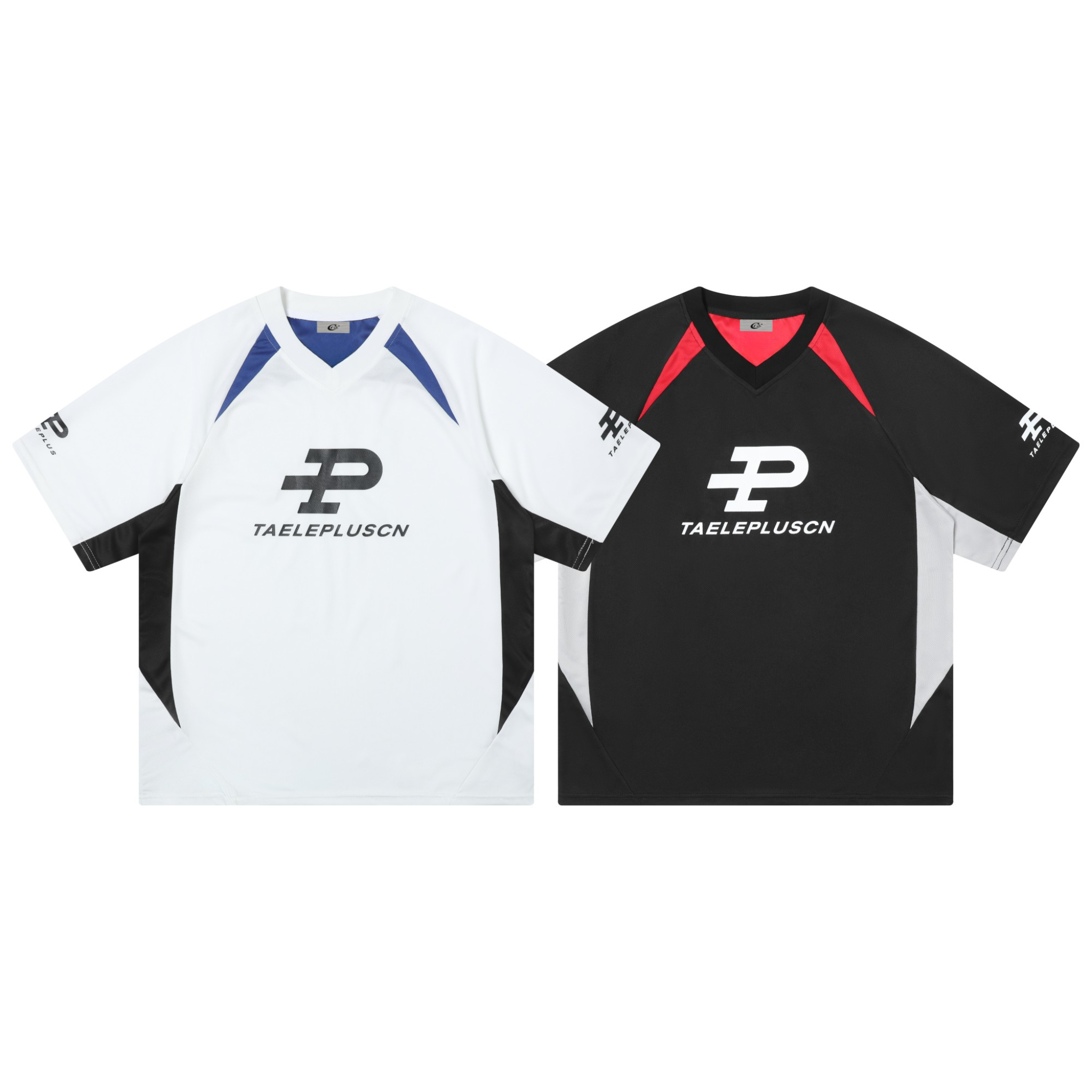 White and black colorblock sport jersey tee with blue accents and printed chest logo, laid flat on white background