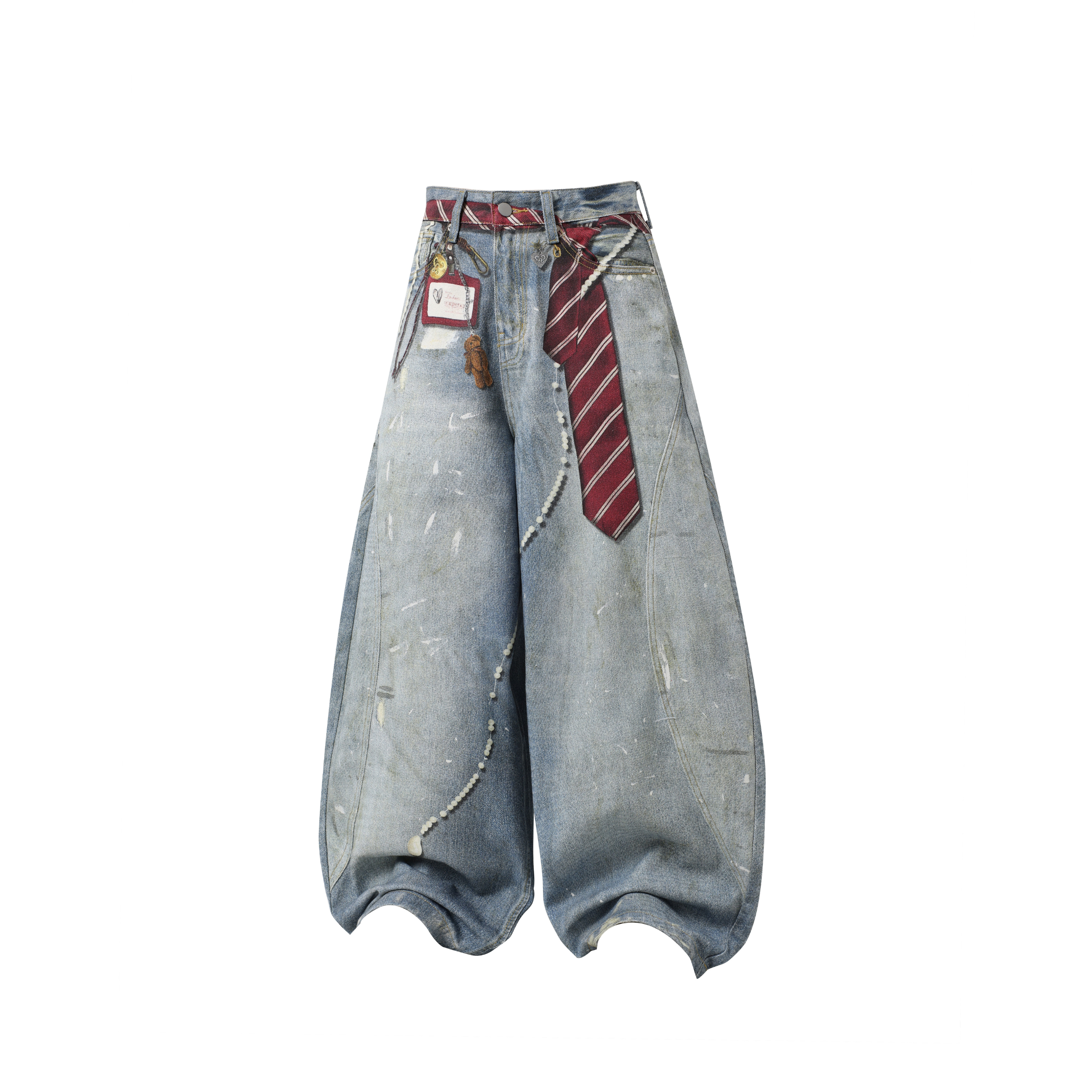 Distressed Barrel Leg Jeans with Tie Belt & Keychain Detail