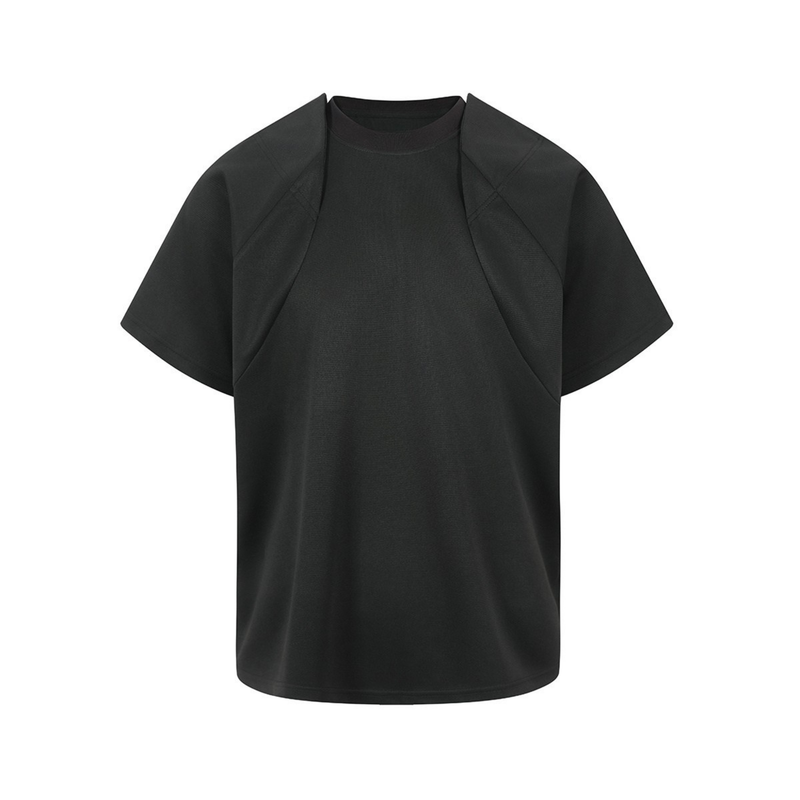 Matte black oversized tech T-shirt with structured shoulders and short sleeves on a white background