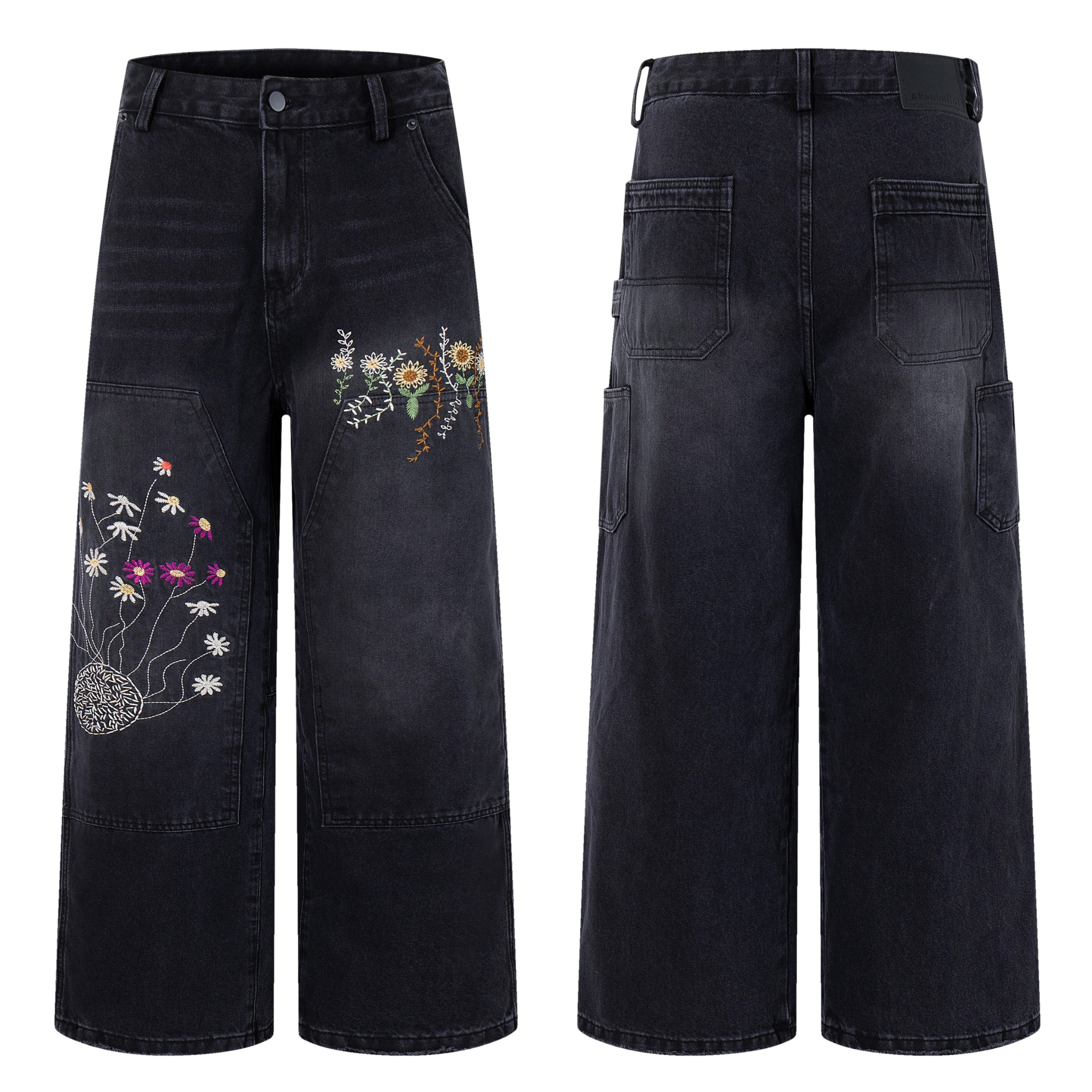 Front and back view of washed black wide-leg jeans with multi-color floral embroidery and carpenter pockets