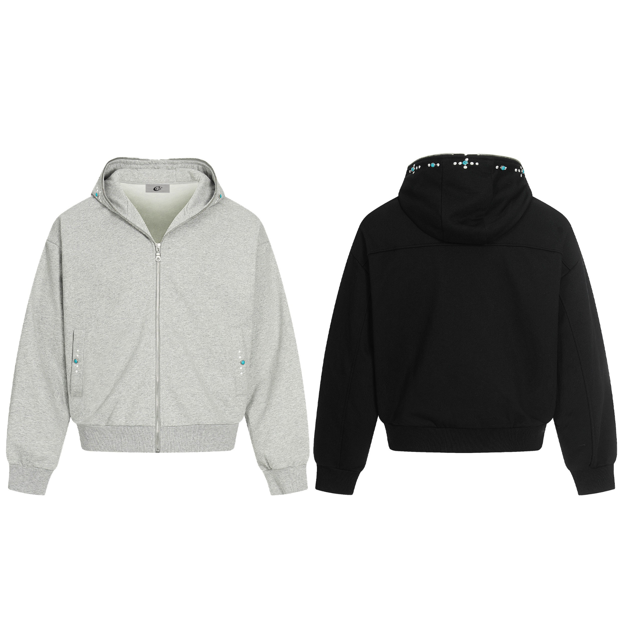 Omirad heather grey zip hoodie with turquoise dot accents on hood and pockets, front and back views