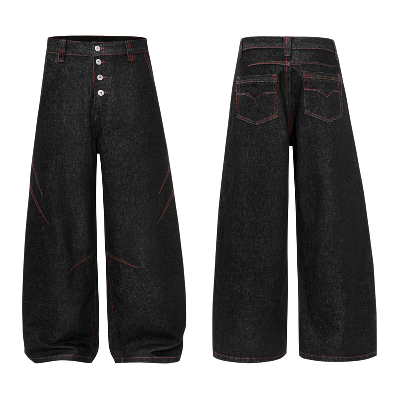 Black wide leg denim pants front and back views with contrast red stitching and four-button fly
