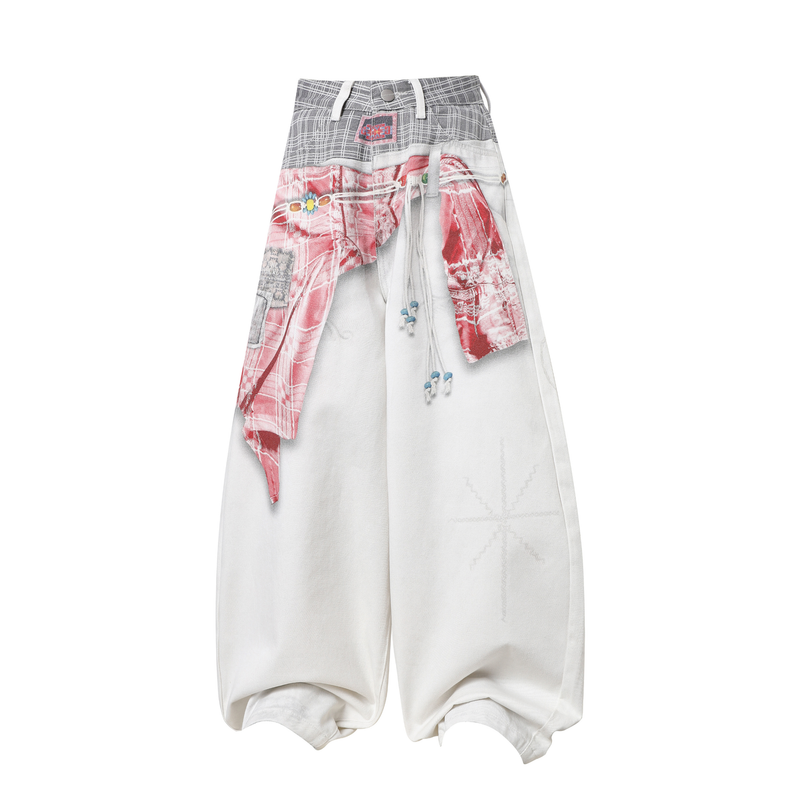 Front view of wide-leg white denim pants with gray plaid double waistband and red patchwork panels