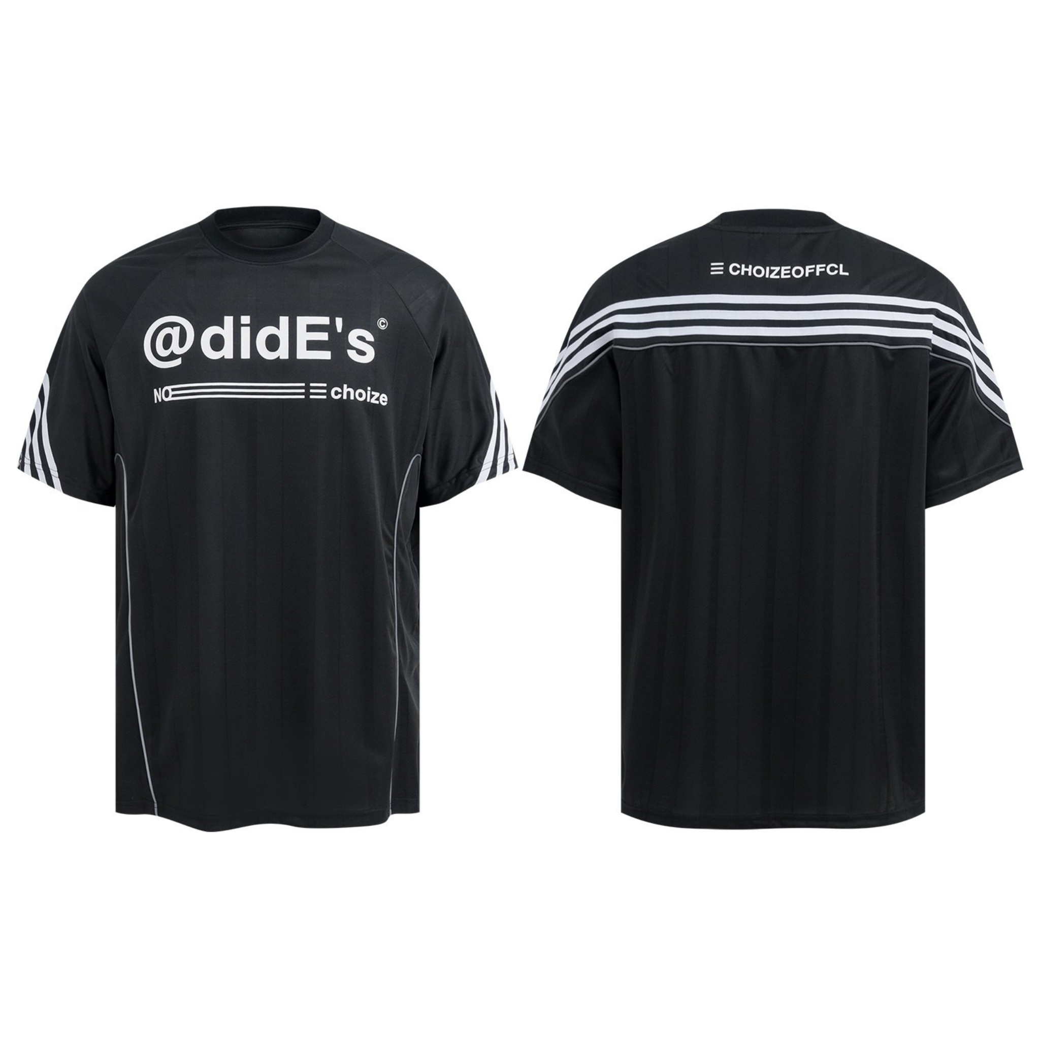 Front and back view of black performance mesh athletic tee with triple-stripe sleeves and bold typography print