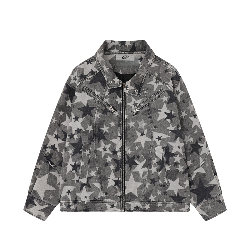 Omirad All-Over Star Print Washed Denim Jacket | Grayscale