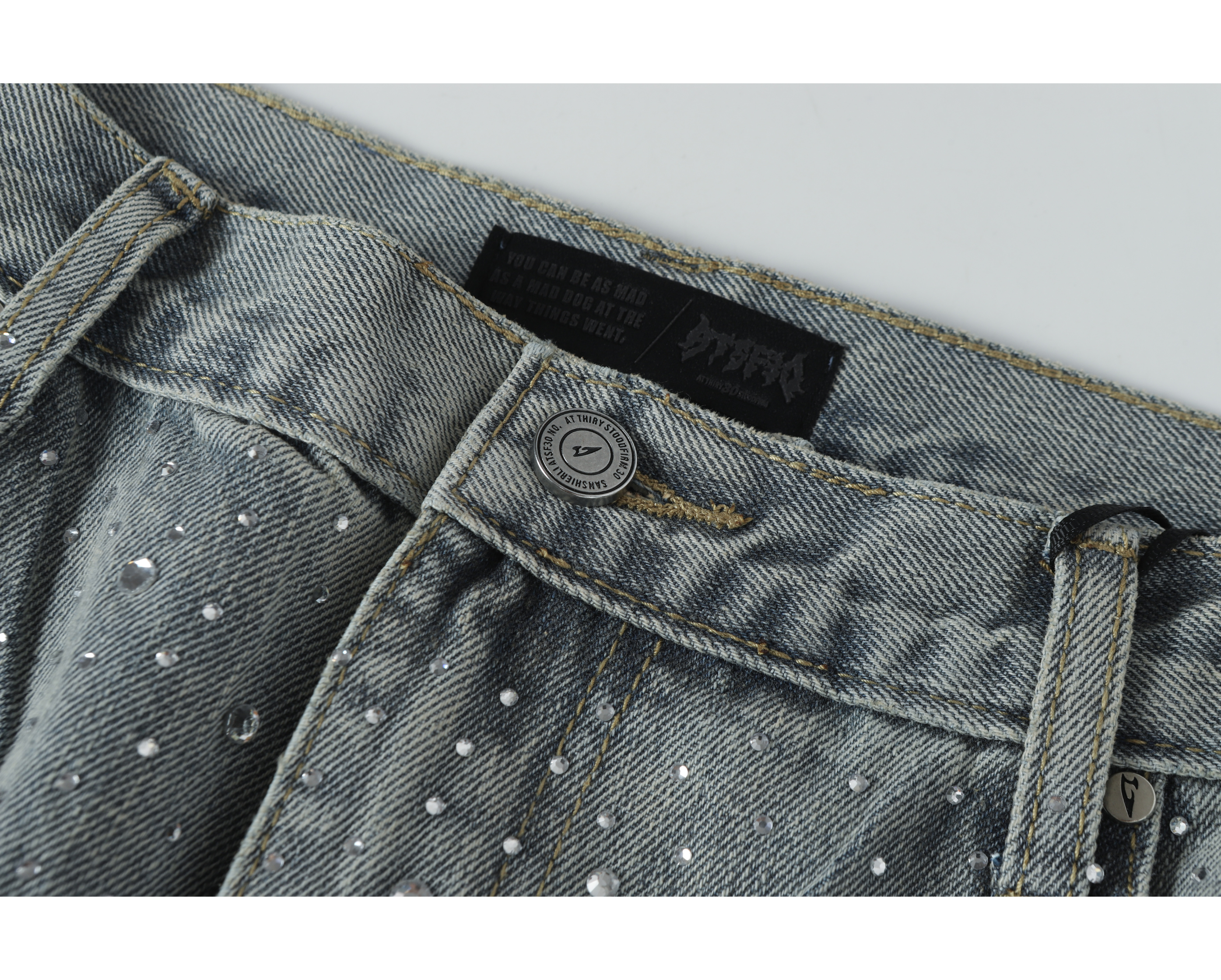 Light-Wash Rhinestone Wide-Leg Jeans | Oversized Stacked Denim