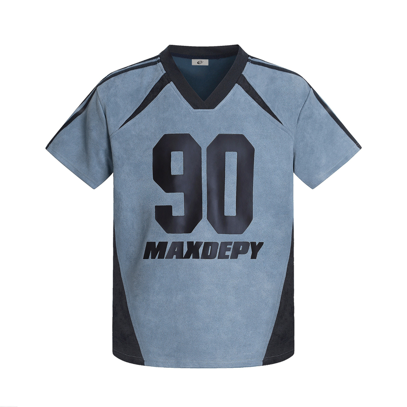 Light blue and black colorblock mesh jersey tee with oversized 90 graphic and streetwear varsity styling