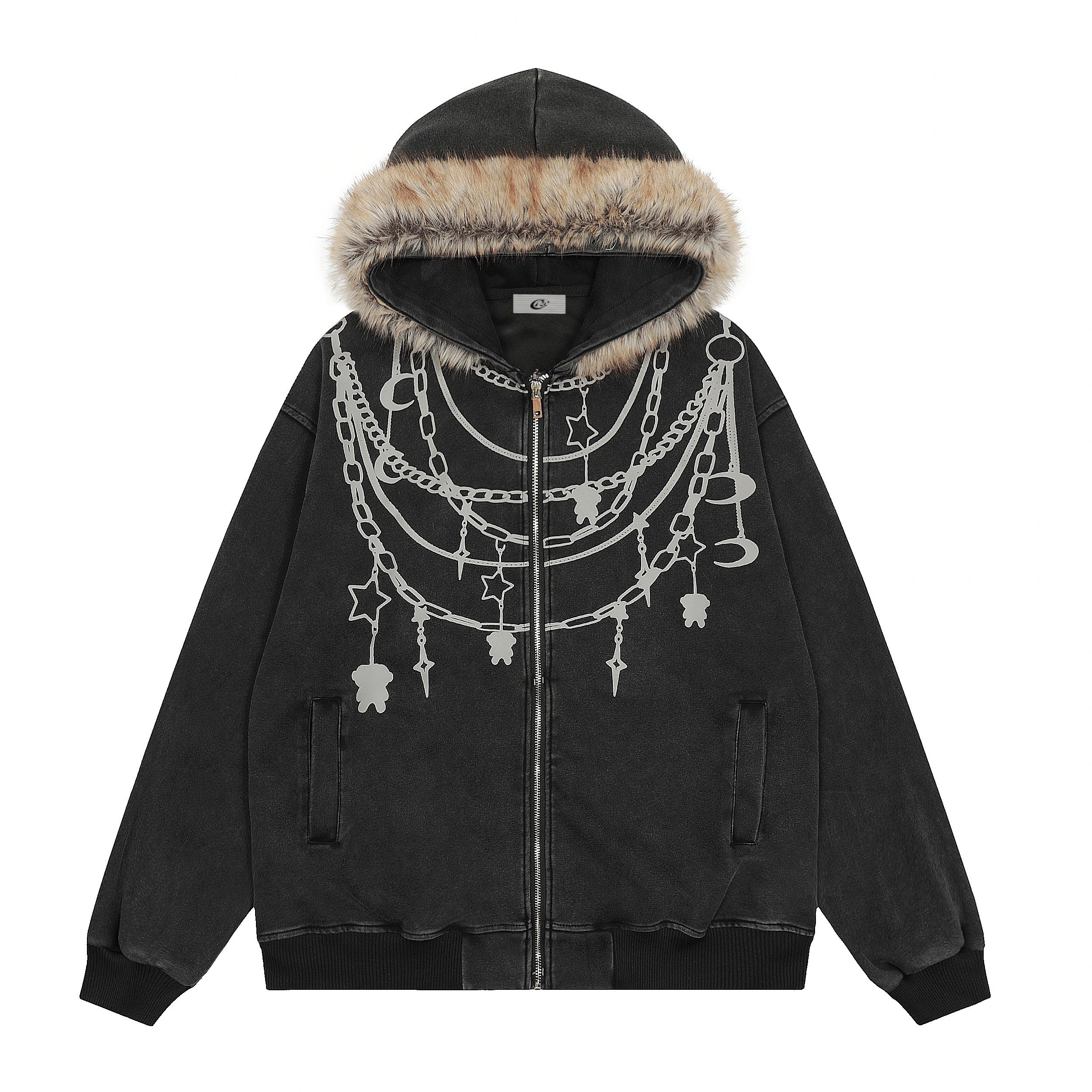 Dark charcoal zip-up hoodie jacket with reflective chain charm print on the front and detachable faux fur hood trim