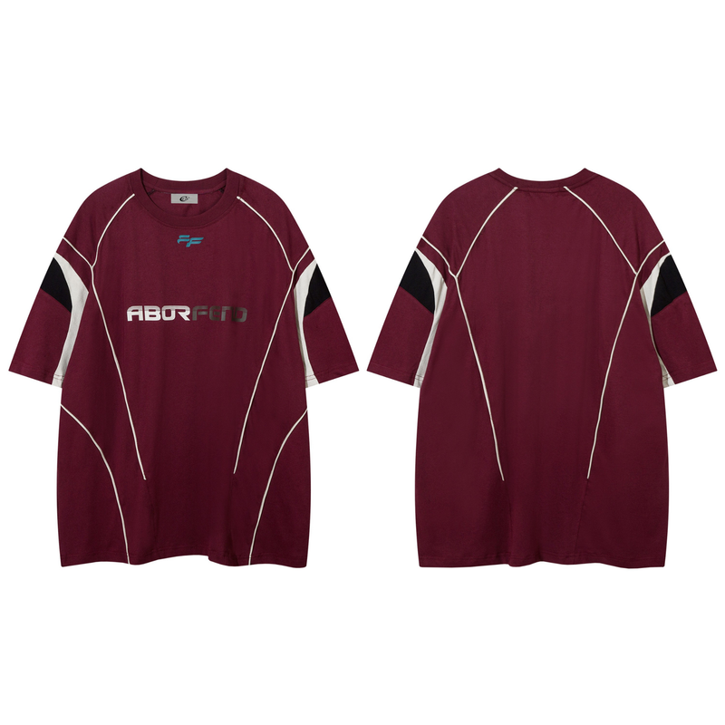 Burgundy oversized jersey tee with white piping, black sleeve panels, and ABORFEND logo print front and back