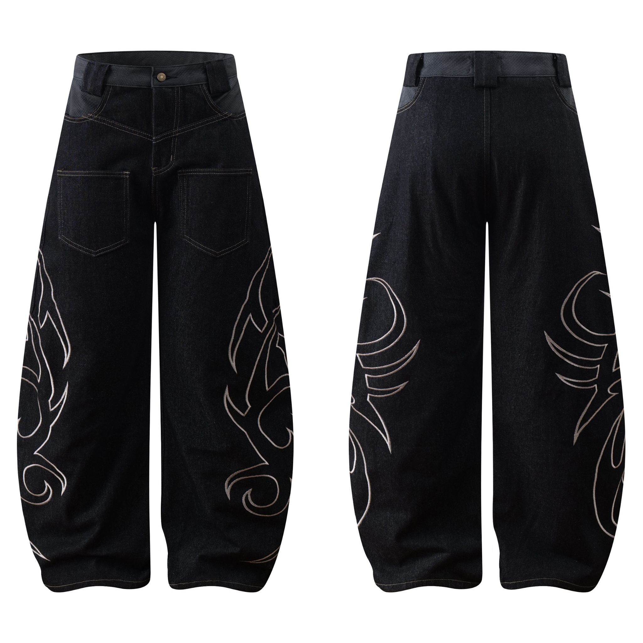 Front and back view of black wide-leg balloon jeans with large tribal embroidery on both legs and a leather-trimmed waistband