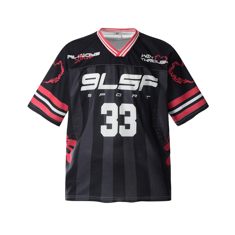 Black and red 9LSF Sport football jersey with striped sleeves, chain graphics, and number 33 on the front