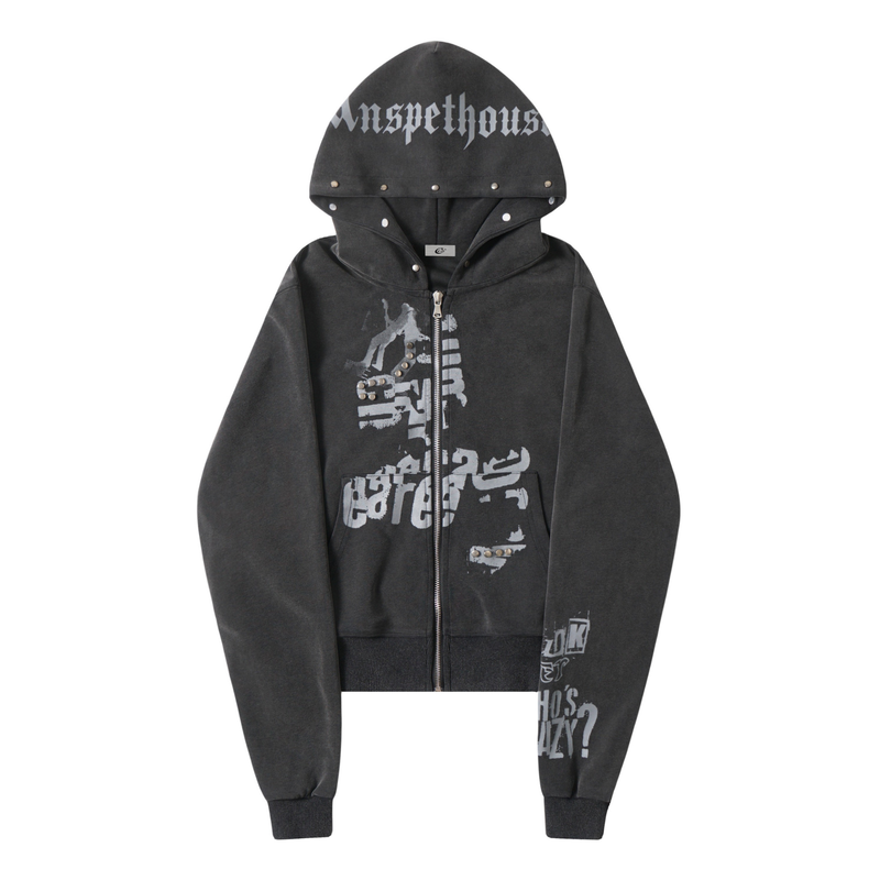 Black cropped zip hoodie with gray gothic graphics, studded hood brim, front view