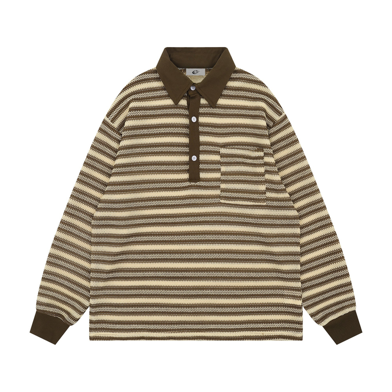 Brown and cream striped knit long-sleeve polo with brown collar and button placket, front view