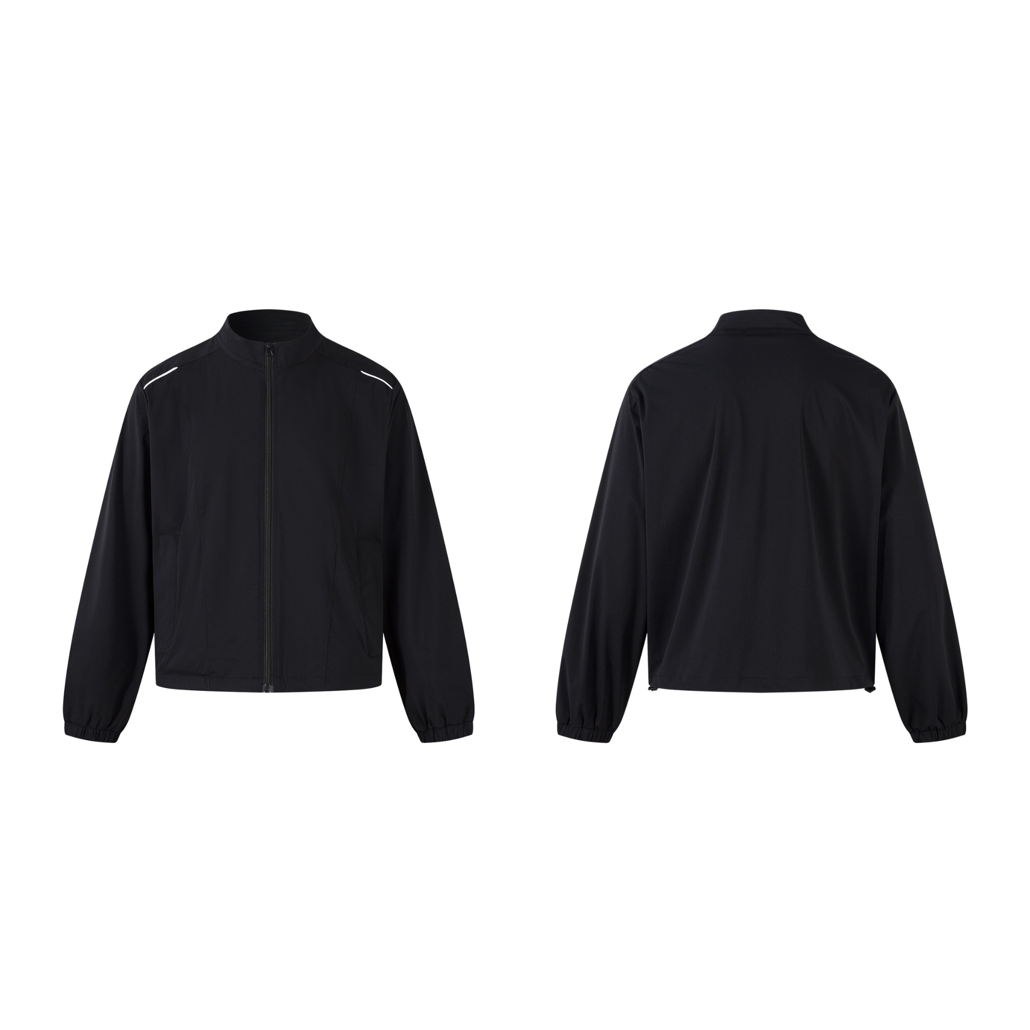 Front and back view of a black minimalist nylon track jacket with reflective shoulder piping and elasticated cuffs